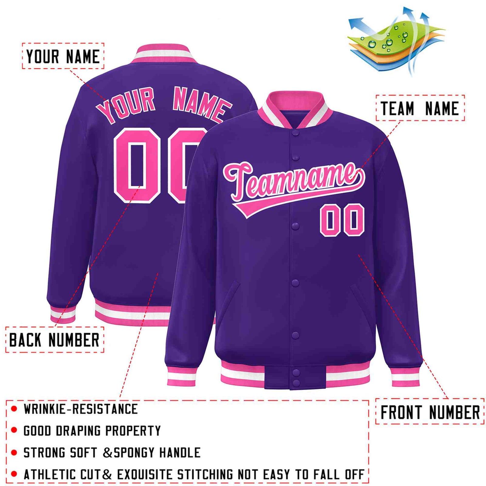 Custom Purple Pink-White Classic Style Varsity Full-Snap Letterman Jacket