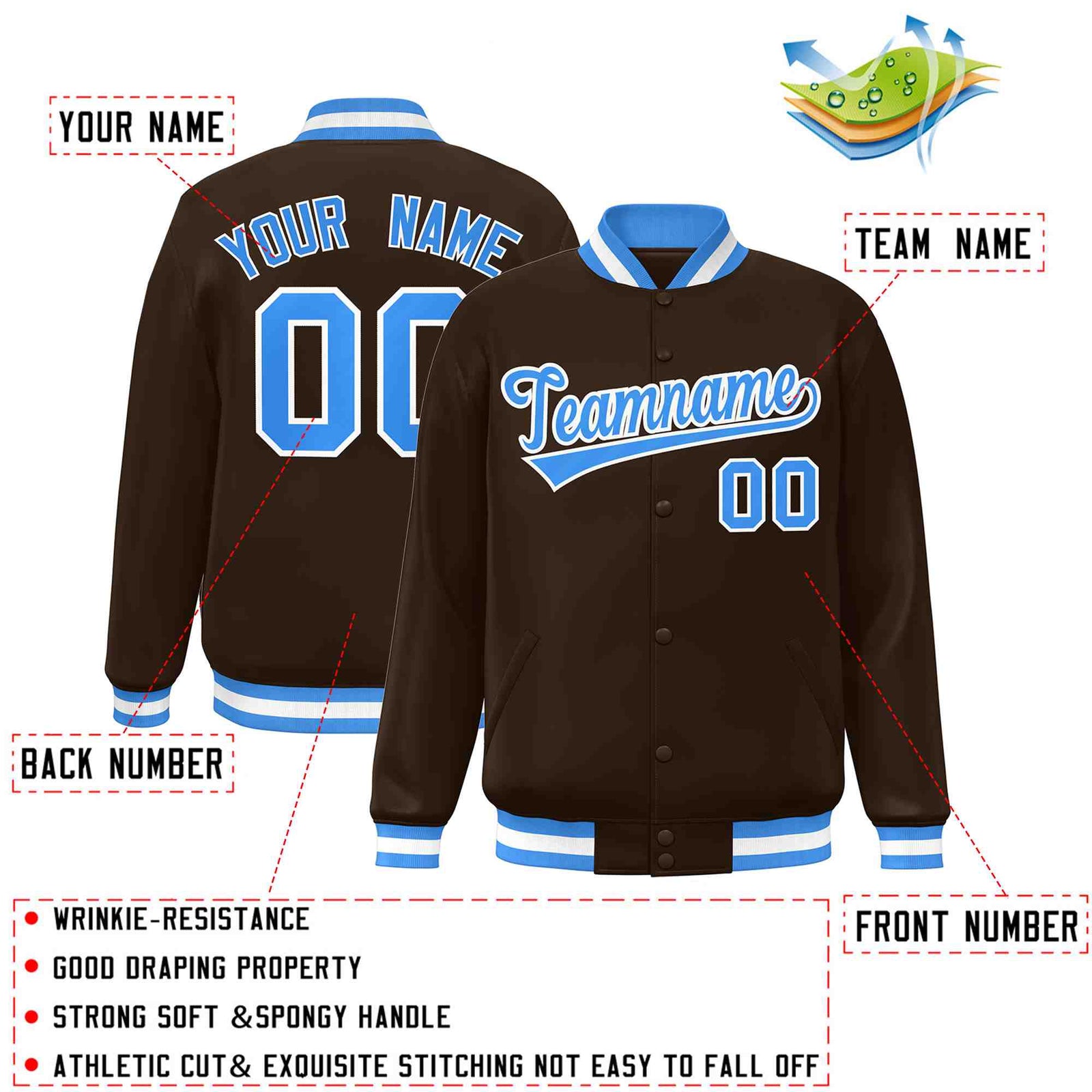 Custom Brown Powder Blue-White Classic Style Varsity Full-Snap Letterman Jacket