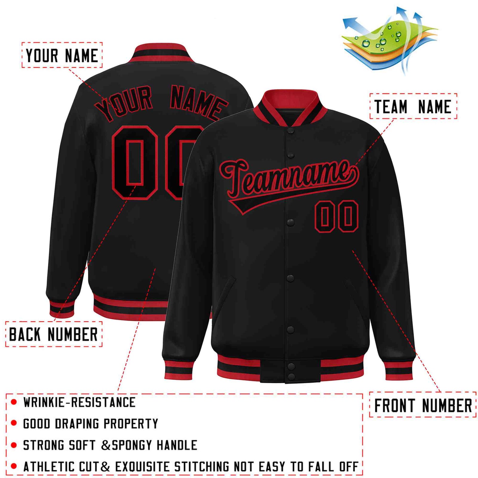 Custom Black Black-Red Classic Style Varsity Full-Snap Letterman Jacket