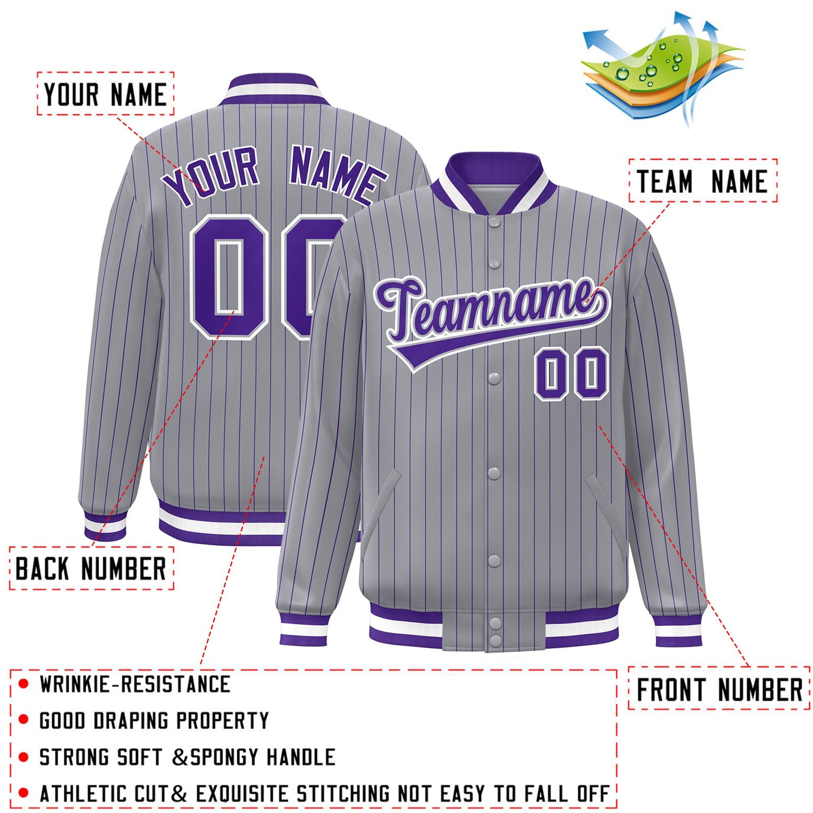 Custom Gray Purple-White Stripe Fashion Letterman Bomber Varsity Jacket
