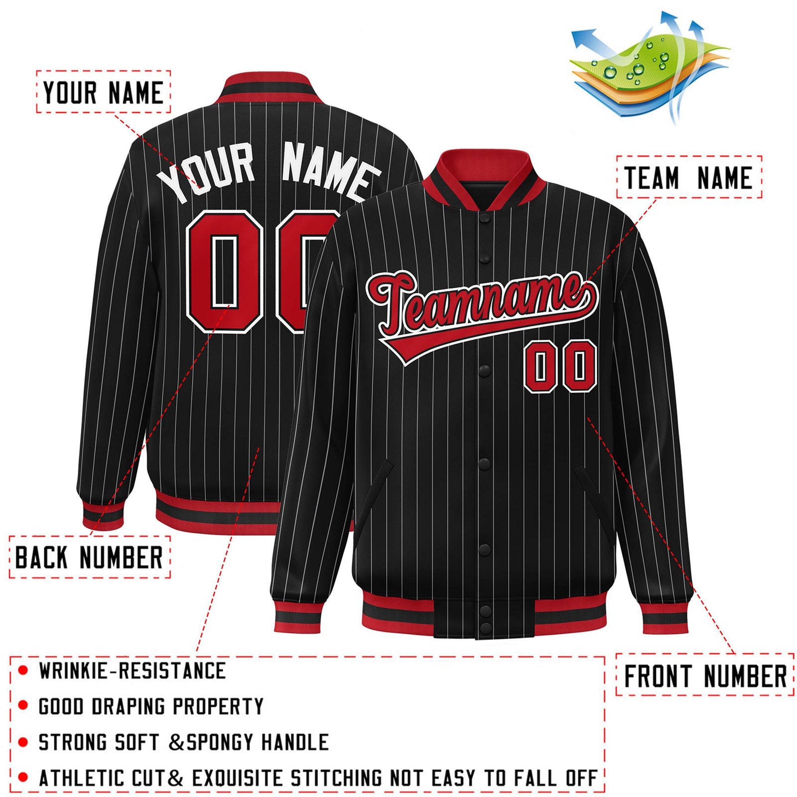 Custom Black Red-White Varsity Stripe Fashion Full-Snap Bomber Jacket
