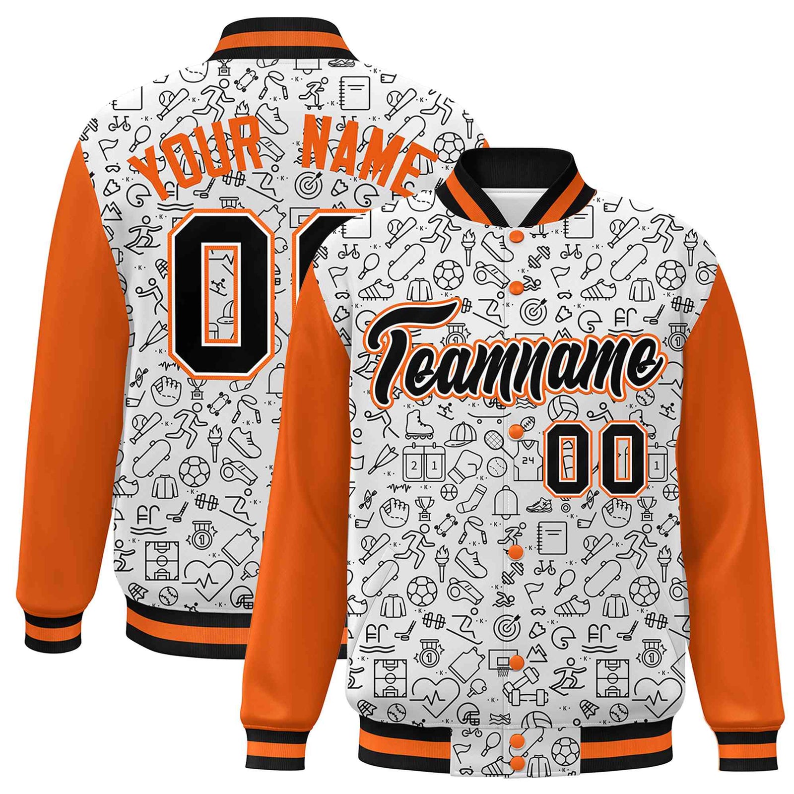 Custom White Orange-Black Line Graffiti Pattern Varsity Raglan Sleeves Letterman Baseball Jacket