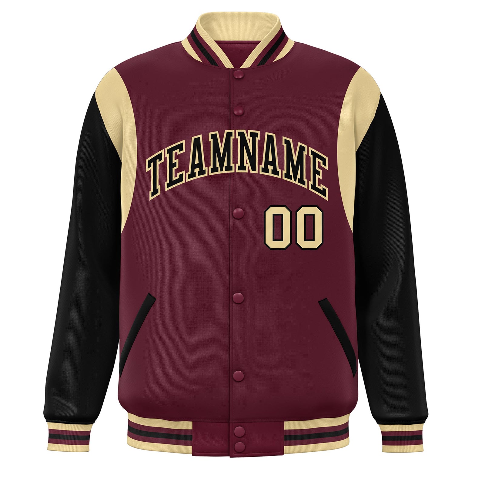 Custom Crimson Black-Khaki Color Block Bomber Varsity Full-Snap Baseball Jacket