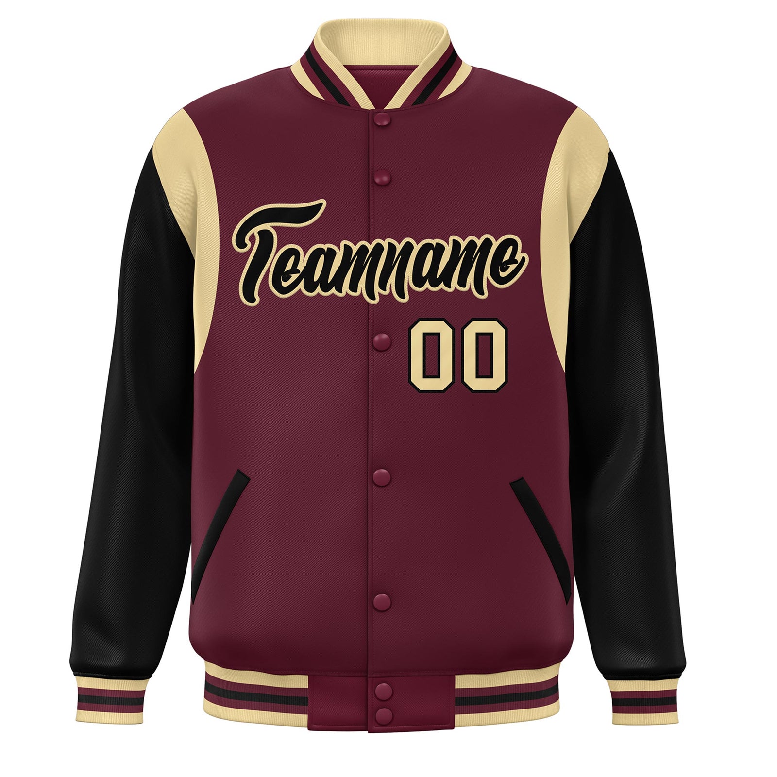 Custom Crimson Black-Khaki Color Block Bomber Varsity Full-Snap Baseball Jacket