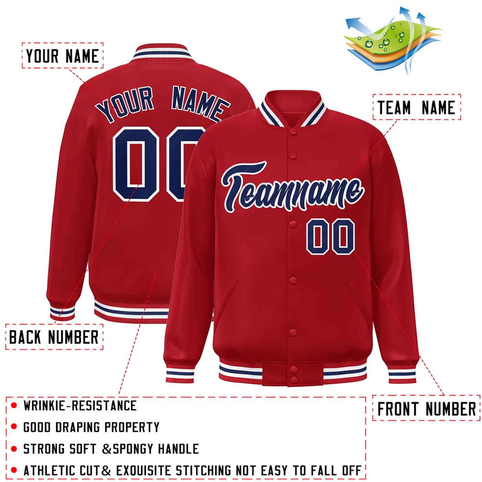Custom Red Navy-White Classic Style Varsity Full-Snap Letterman Jacket