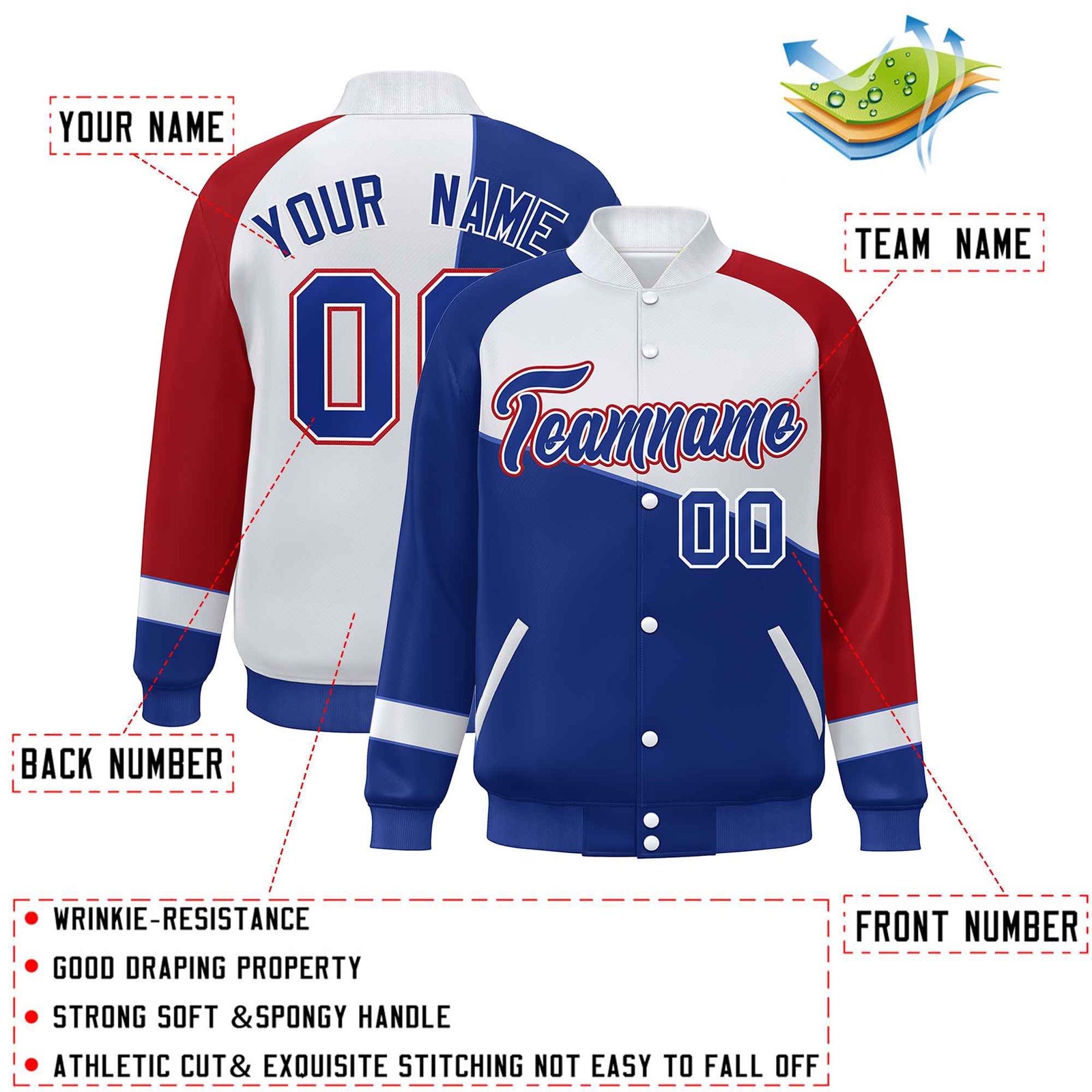Custom Royal White-Red Color Block Bomber Varsity Full-Snap Baseball Jacket