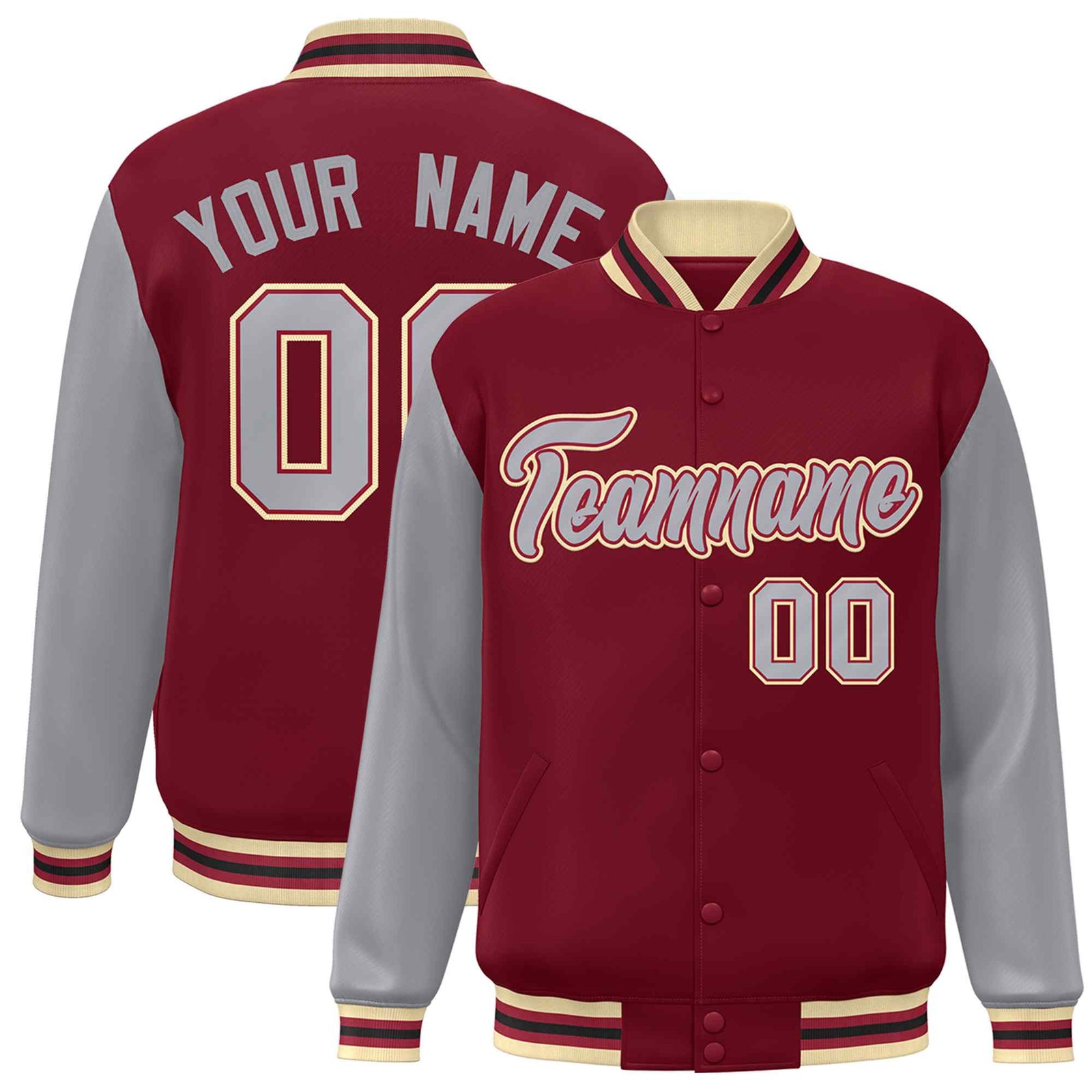 Custom Crimson Gray-Crimson Raglan Sleeves Varsity Full-Snap Letterman Jacket
