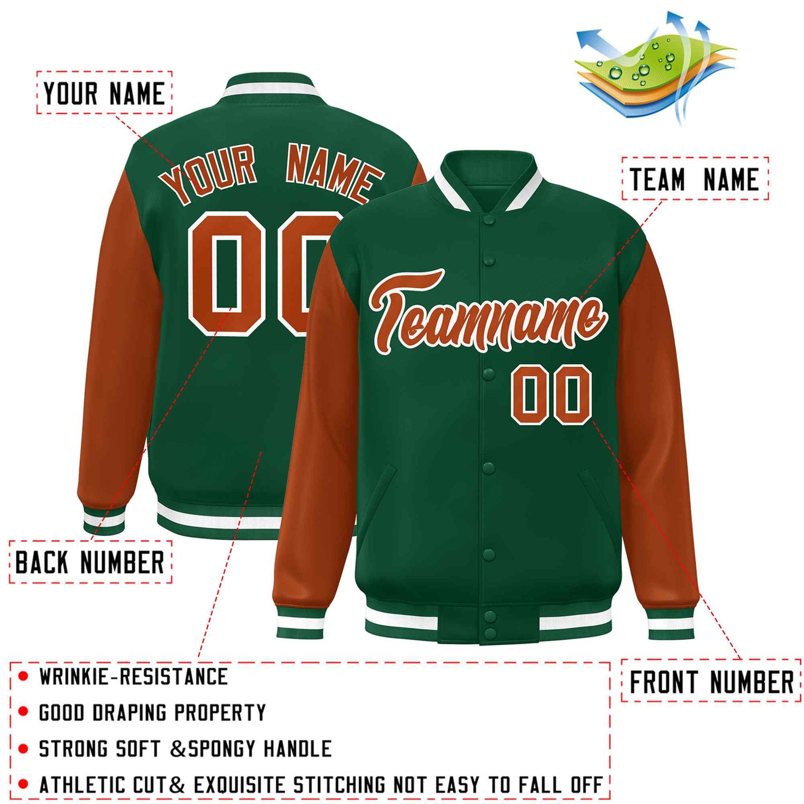 Custom Green Texas Orange-White Raglan Sleeves Varsity Full-Snap Letterman Jacket
