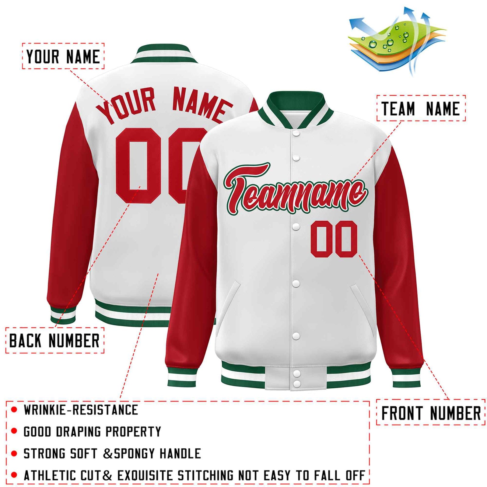 Custom White Red-White Raglan Sleeves Varsity Full-Snap Letterman Jacket