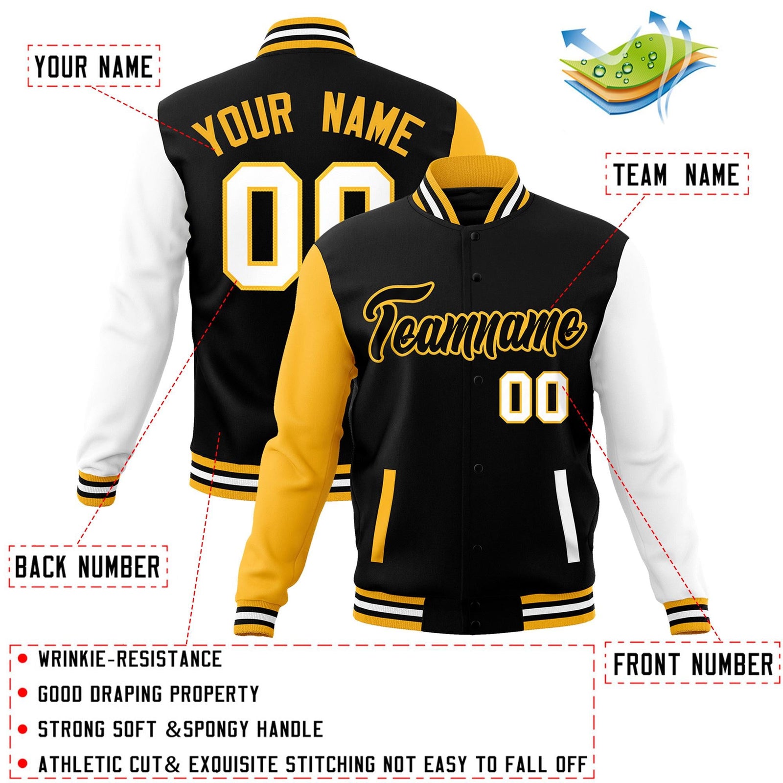 Custom Black Black-Yellow Raglan Sleeves Varsity Full-Snap Letterman Jacket