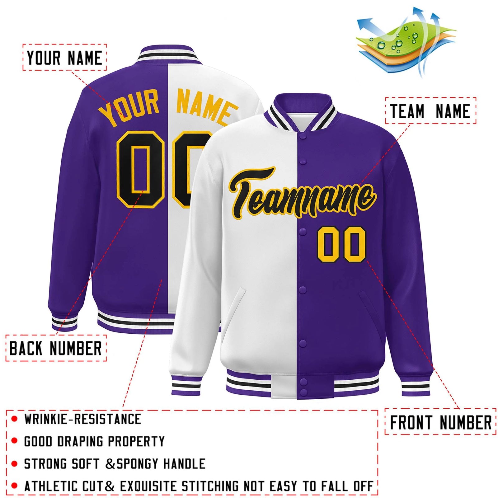Custom Purple White-Black Letterman Two Tone Split Fashion Varsity Full-Snap Jacket