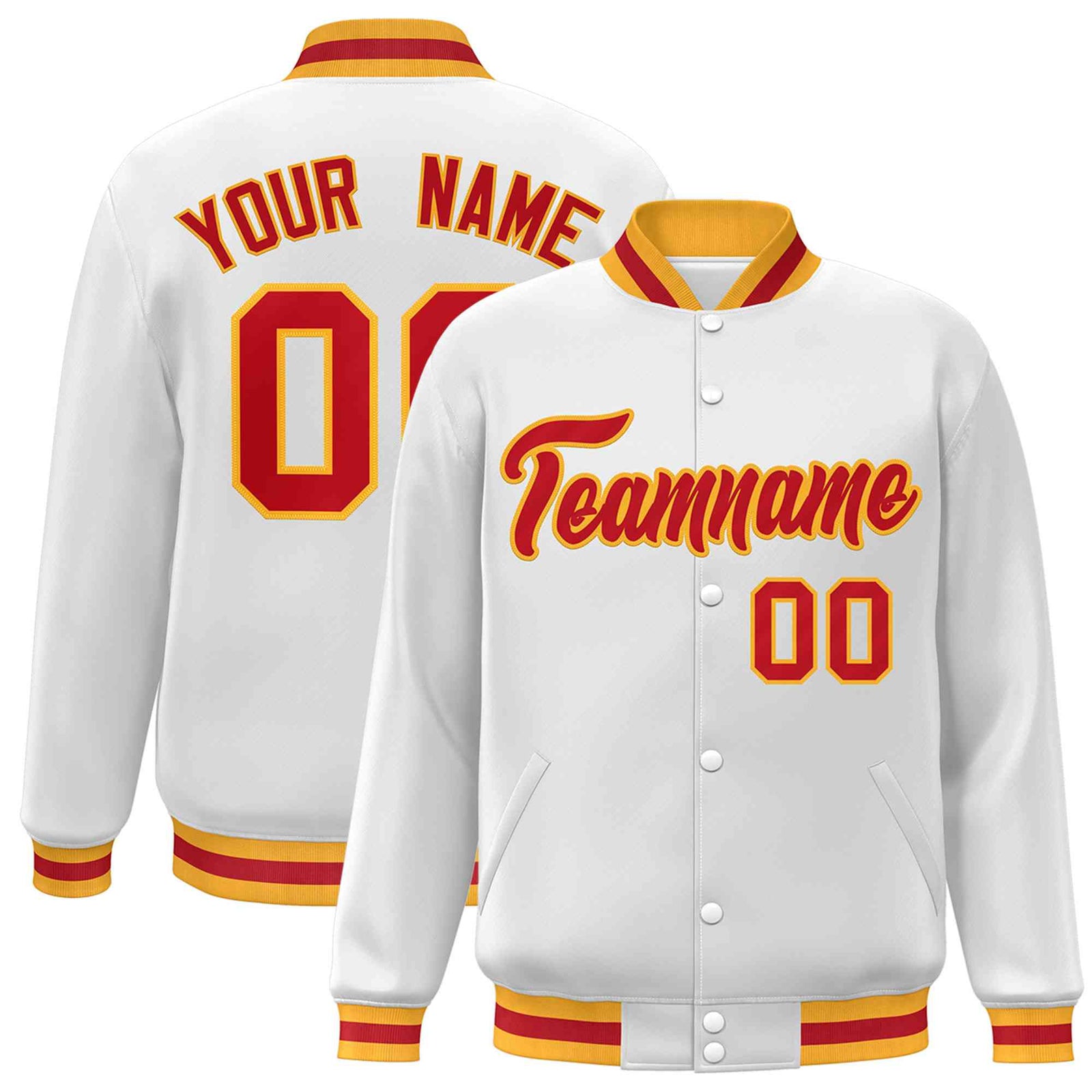 Custom White Red-Gold Classic Style Varsity Full-Snap Letterman Jacket