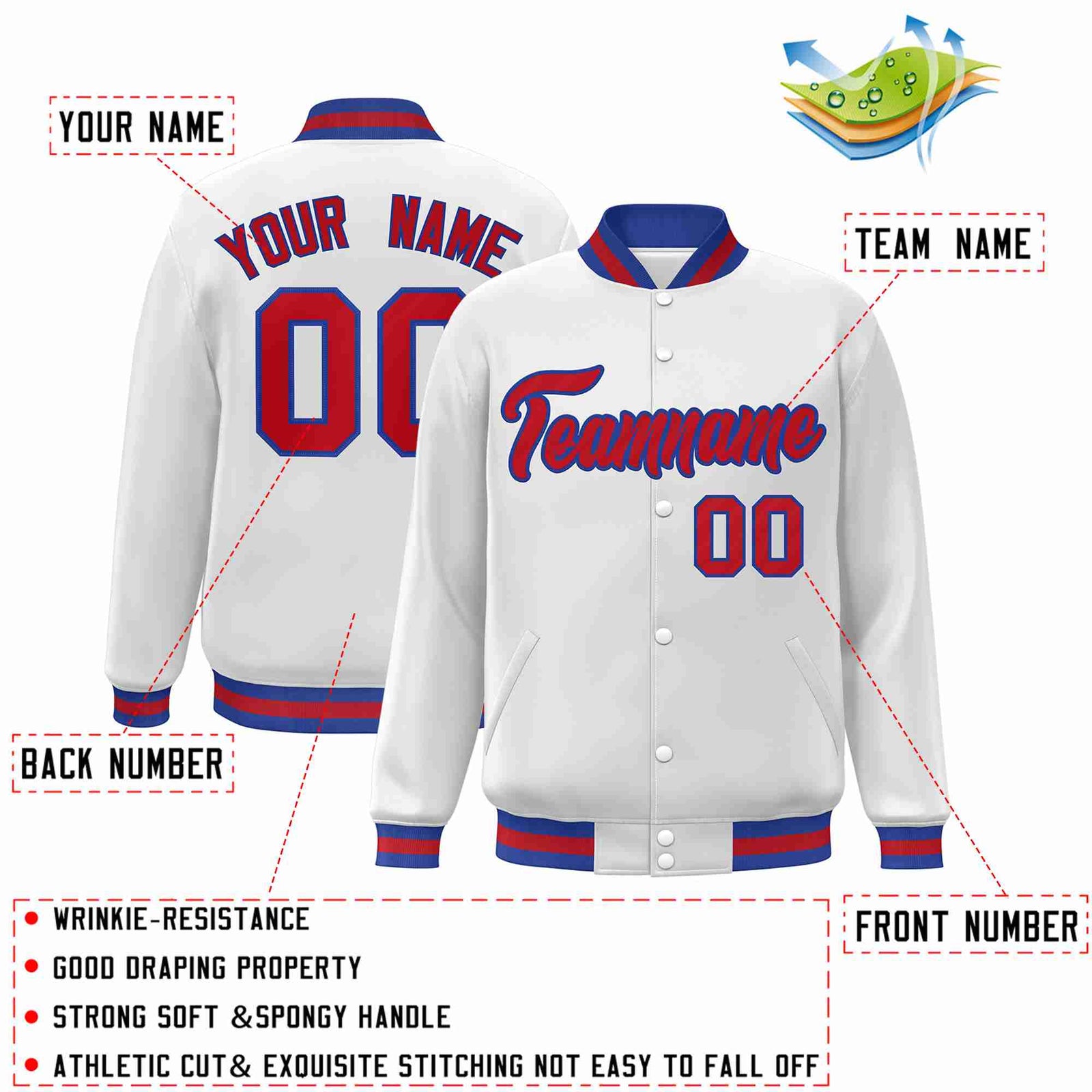 Custom White Red-Royal Classic Style Varsity Full-Snap Letterman Jacket