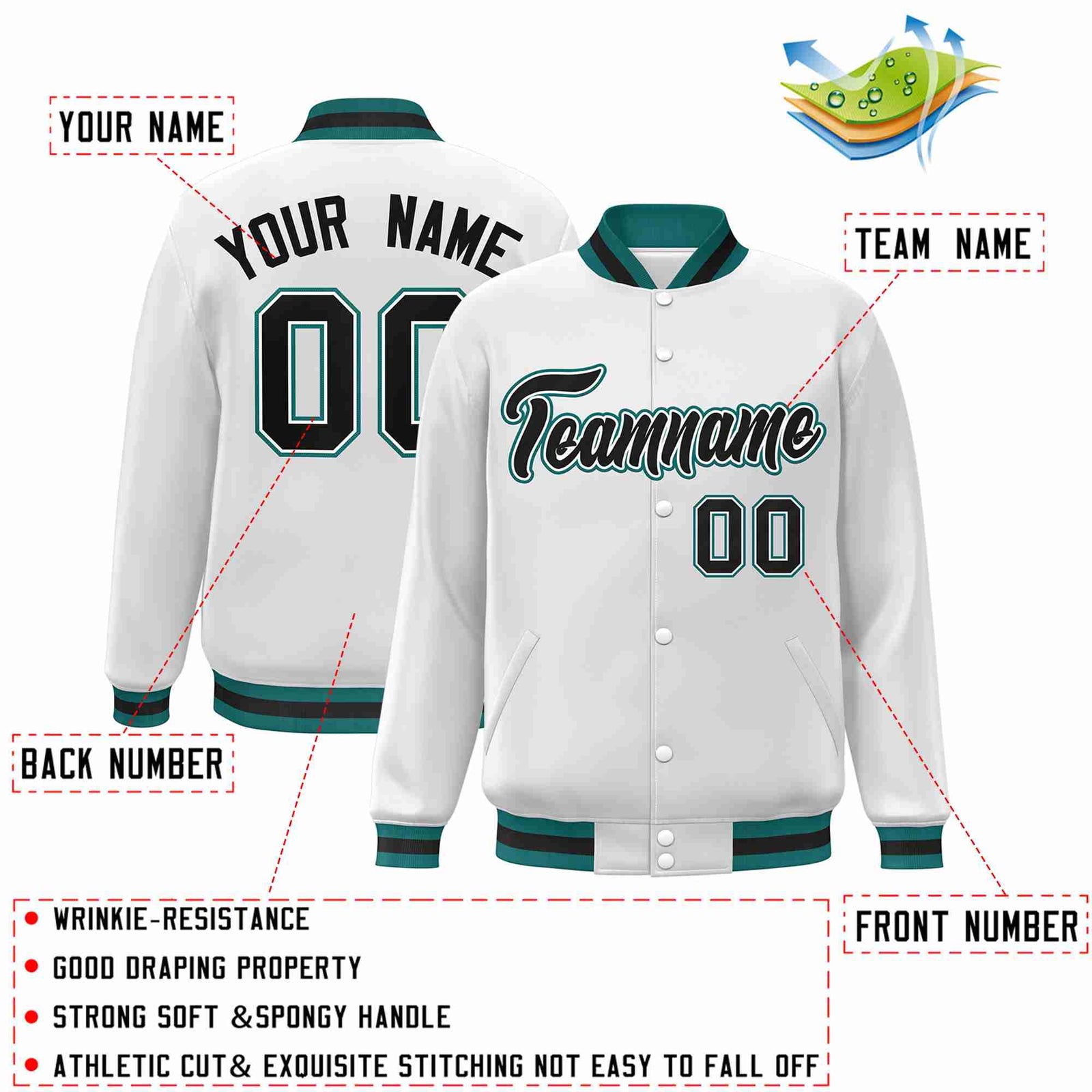 Custom White Black-White Classic Style Varsity Full-Snap Letterman Jacket