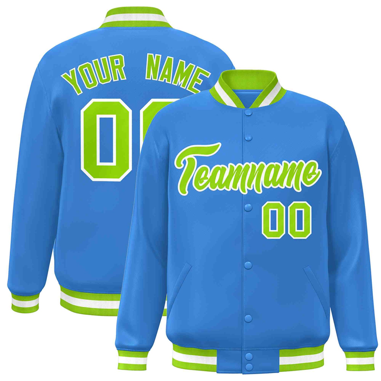 Custom Powder Blue Neon Green-White Classic Style Varsity Full-Snap Letterman Jacket