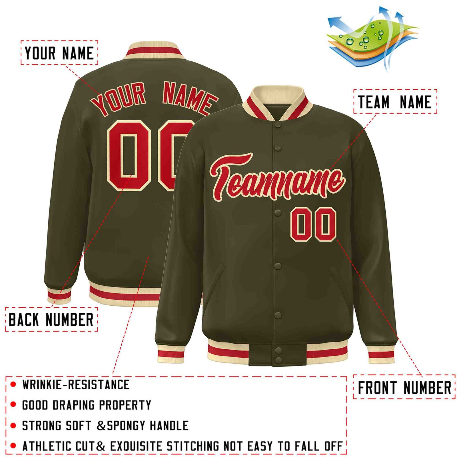 Custom Olive Red-Khaki Classic Style Varsity Full-Snap Letterman Jacket