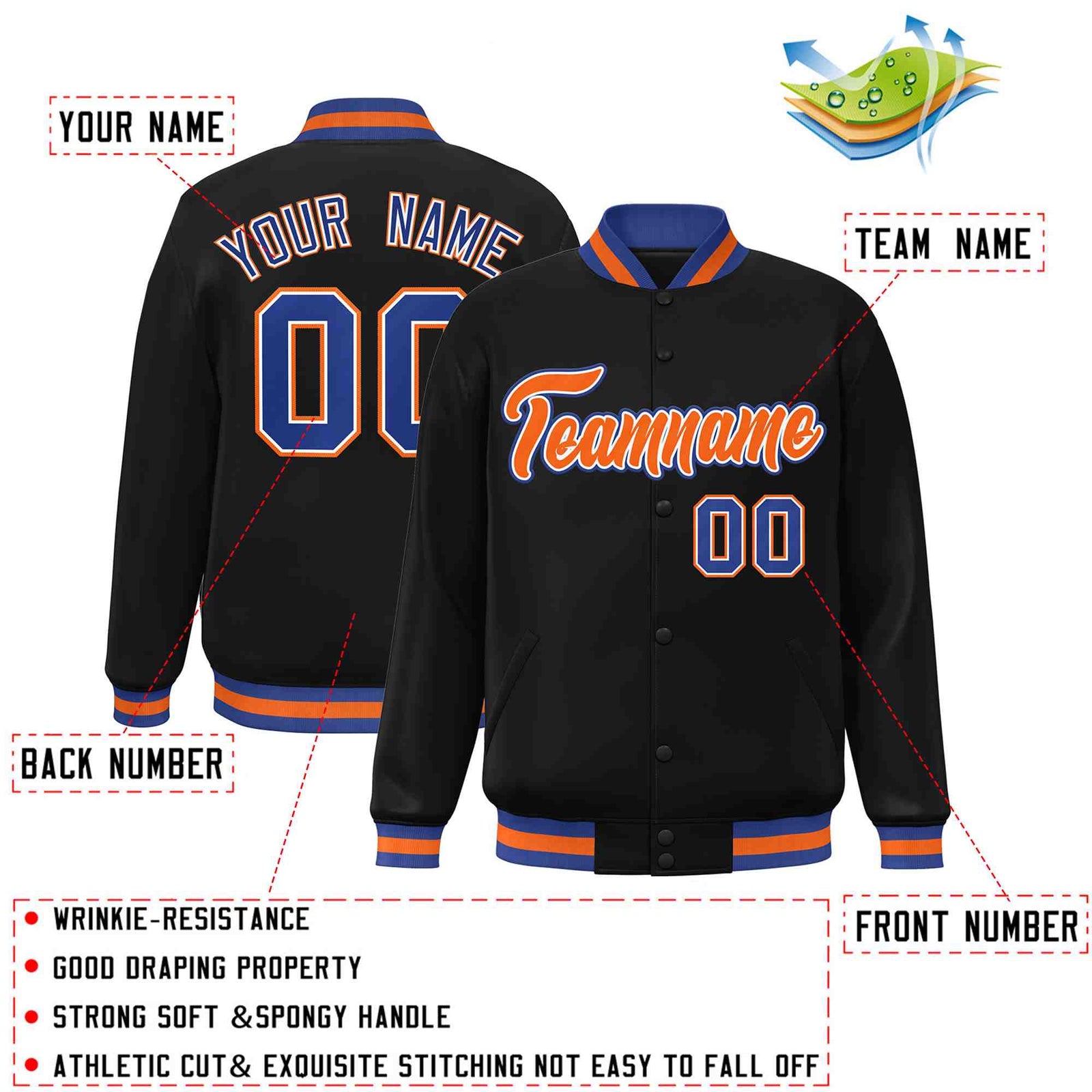 Custom Black Orange-White Classic Style Varsity Full-Snap Letterman Jacket