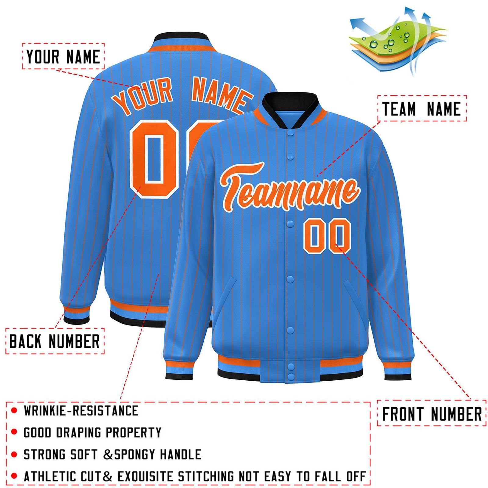 Custom Powder Blue Orange-White Personalized Stripe Fashion Letterman Bomber Varsity Jacket