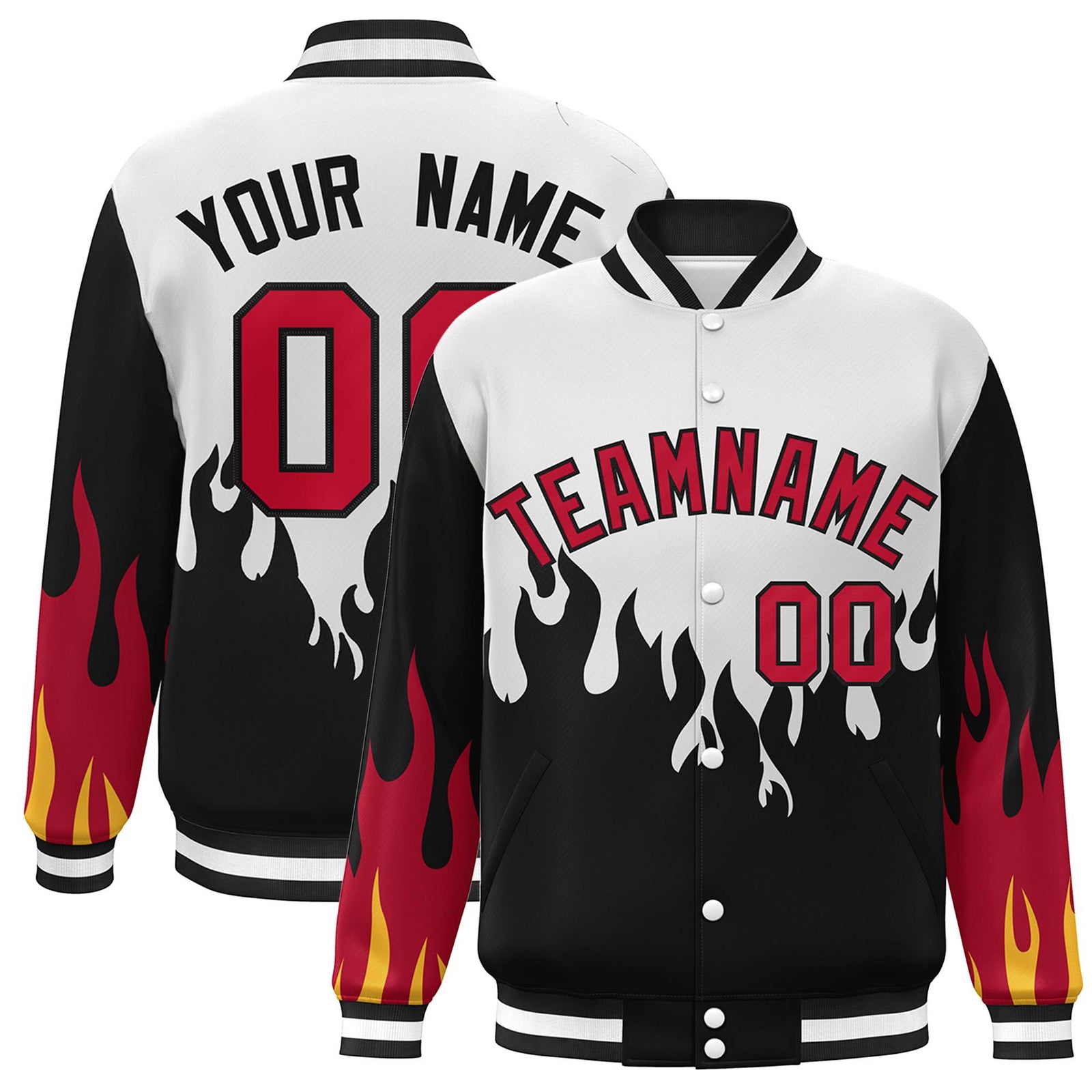Custom White Black-Red Flame Graffiti Pattern Bomber Varsity Full-Snap Jacket