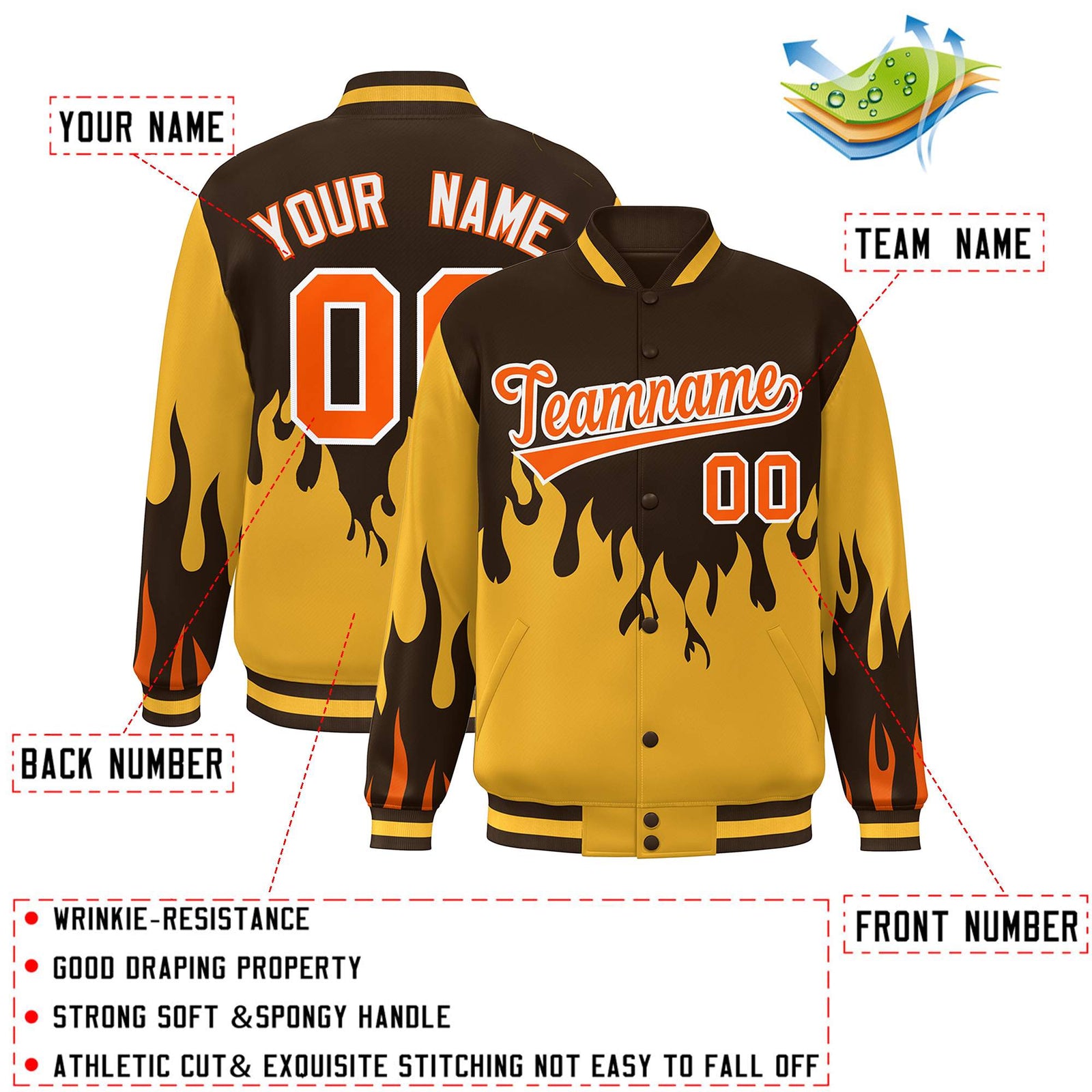 Custom Brown Gold-Orange Flame Graffiti Pattern Bomber Varsity Full-Snap Jacket