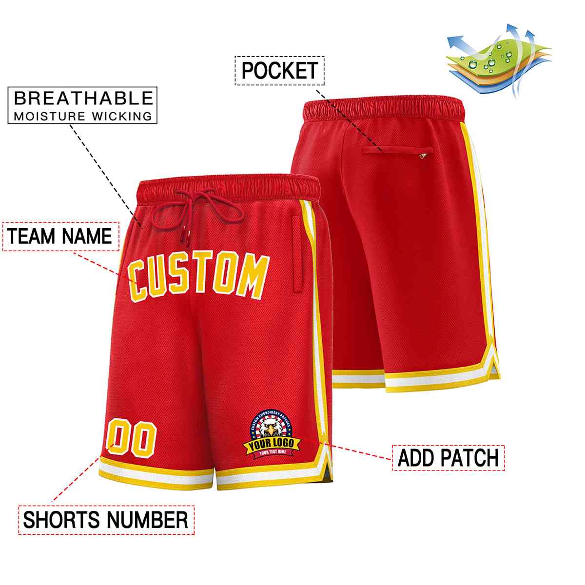 Custom Red Gold-White Classic Style Basketball Mesh Shorts