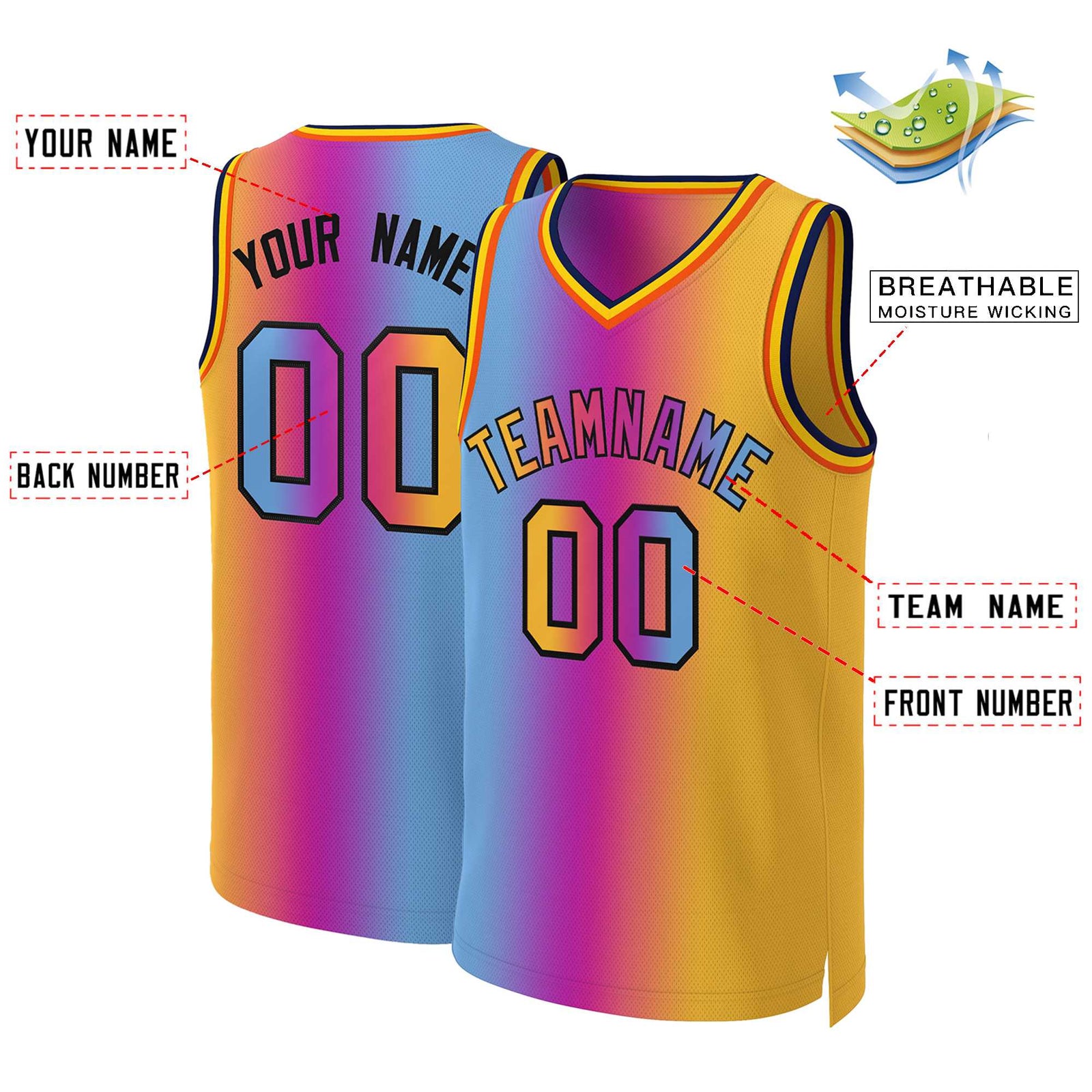 Custom Pink Yellow-Black Gradient Fashion Tops Basketball Jersey
