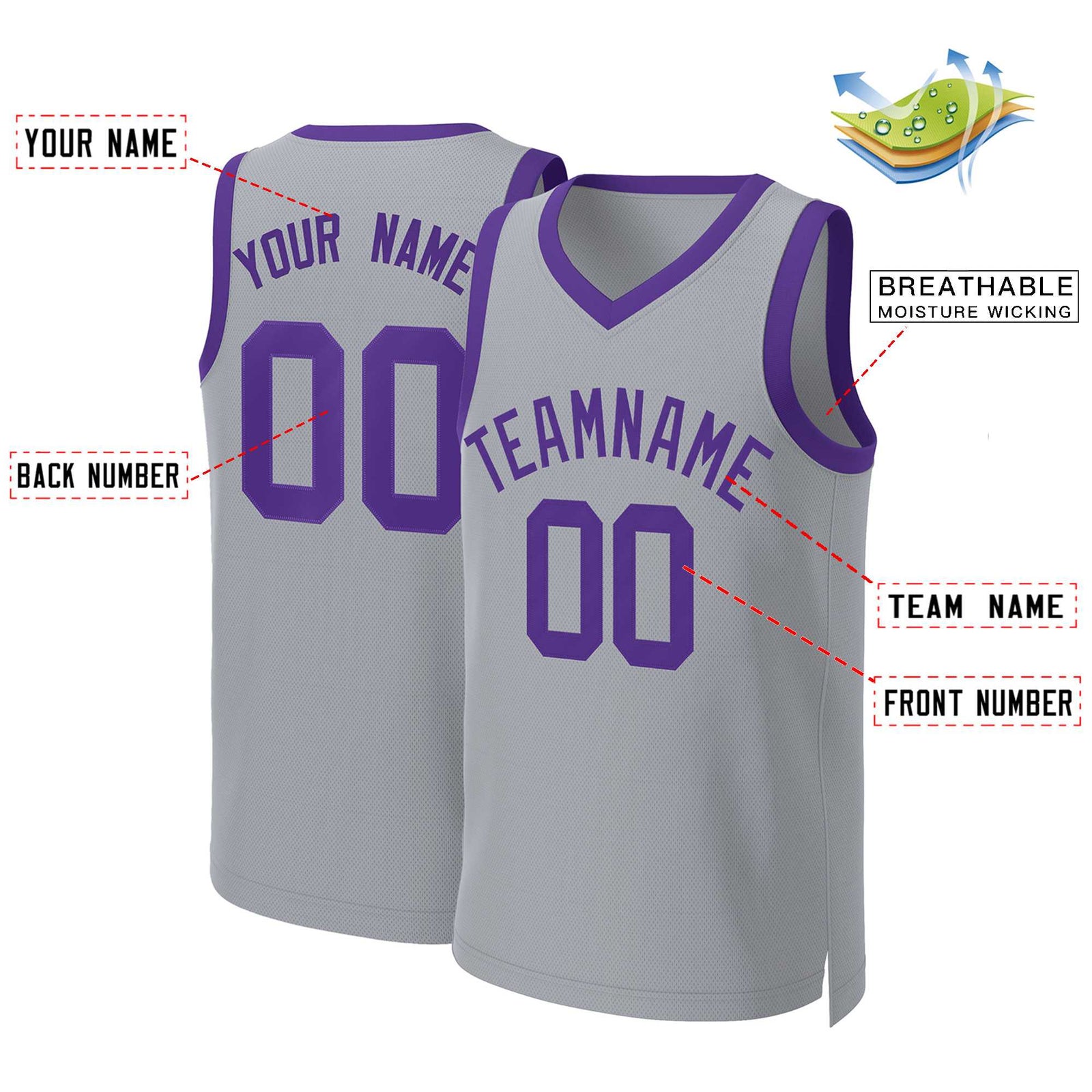 Custom Gray Purple Classic Tops Basketball Jersey