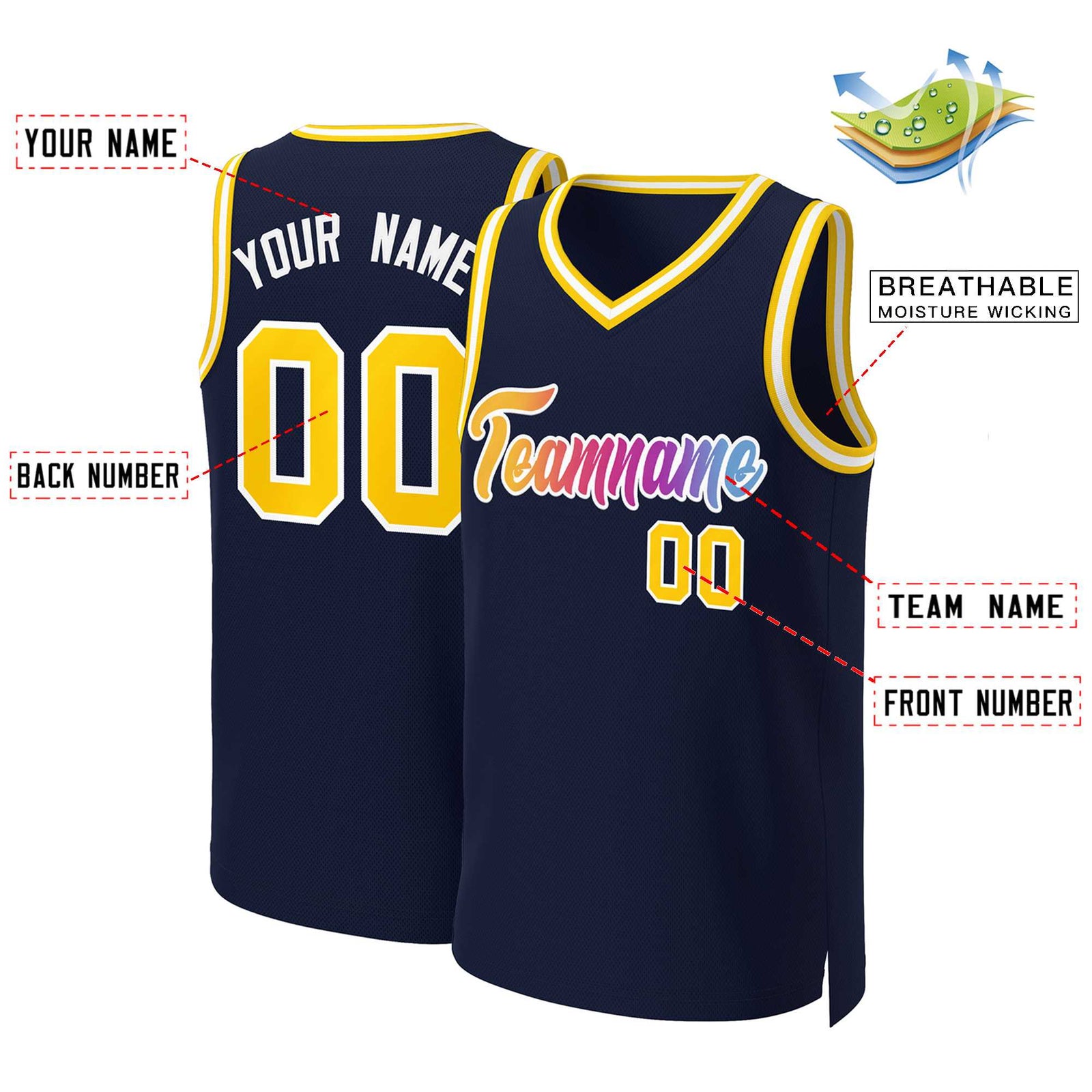 Custom Navy Yellow-White Classic Gradient Fashion Tops Basketball Jersey