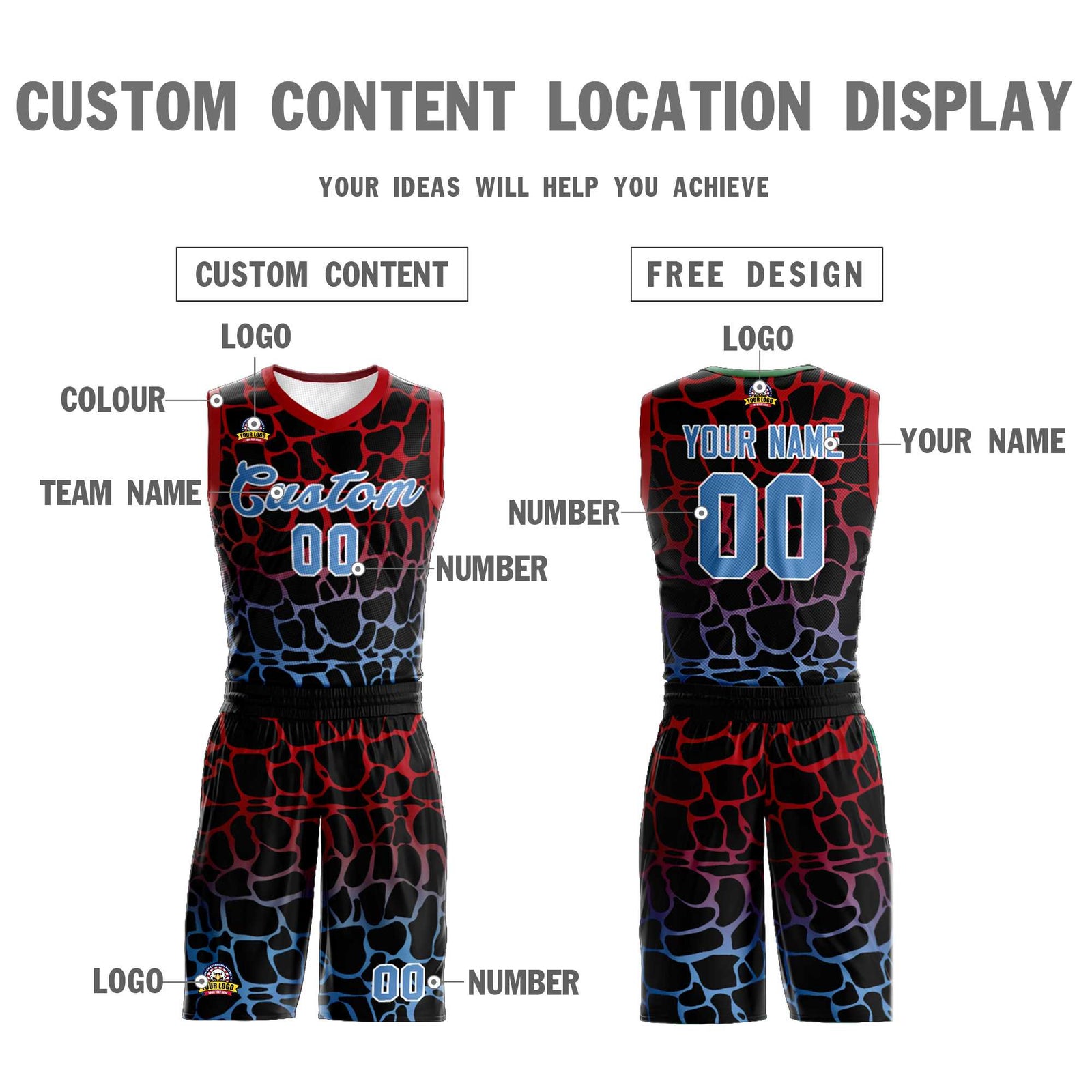 Custom Black Red-Powder Blue Spotted Graffiti Pattern Sports Uniform Basketball Jersey