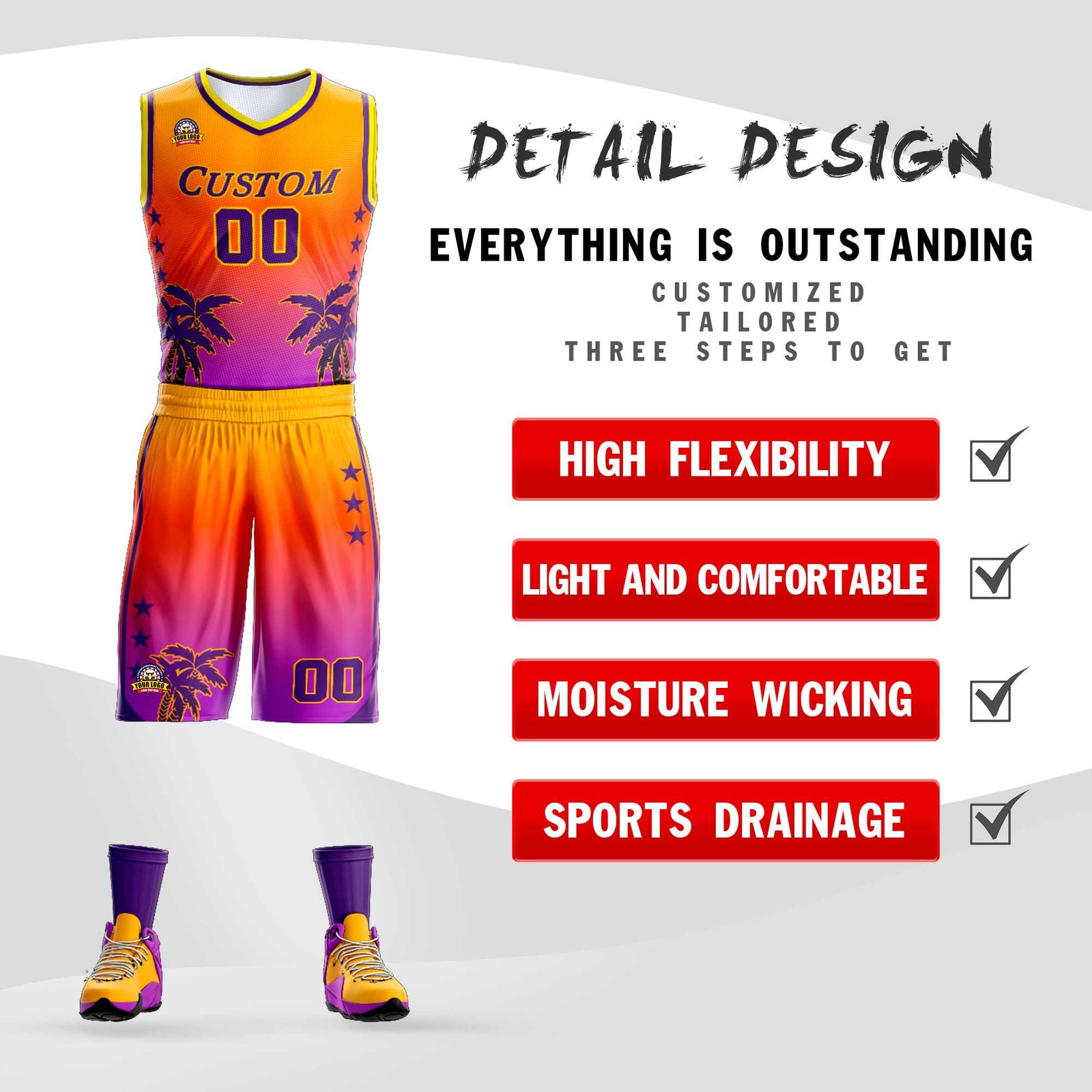 Custom Yellow Orange-Purple Gradient Fashion Coconut Palm Pattern Sports Uniform Basketball Jersey