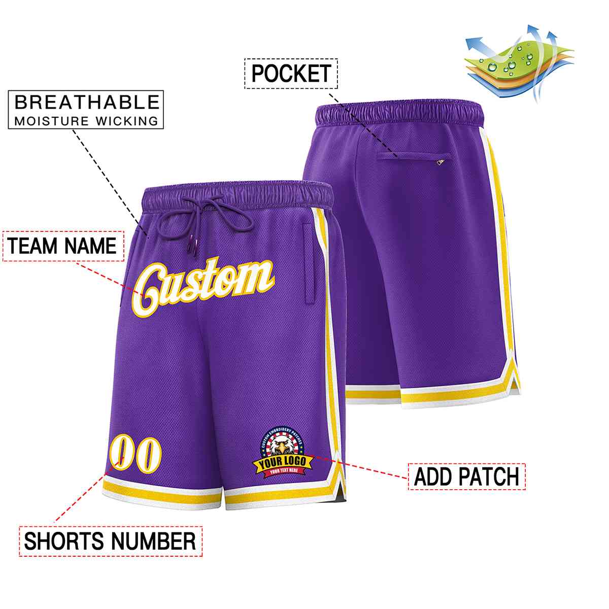 Custom Purple White-Gold Classic Style Basketball Mesh Shorts