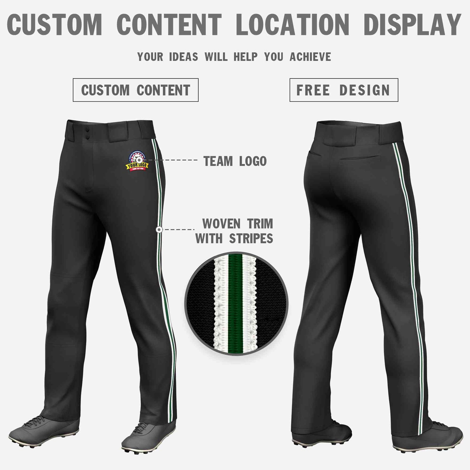 Custom Black White Green-White Classic Fit Stretch Practice Loose-fit Baseball Pants