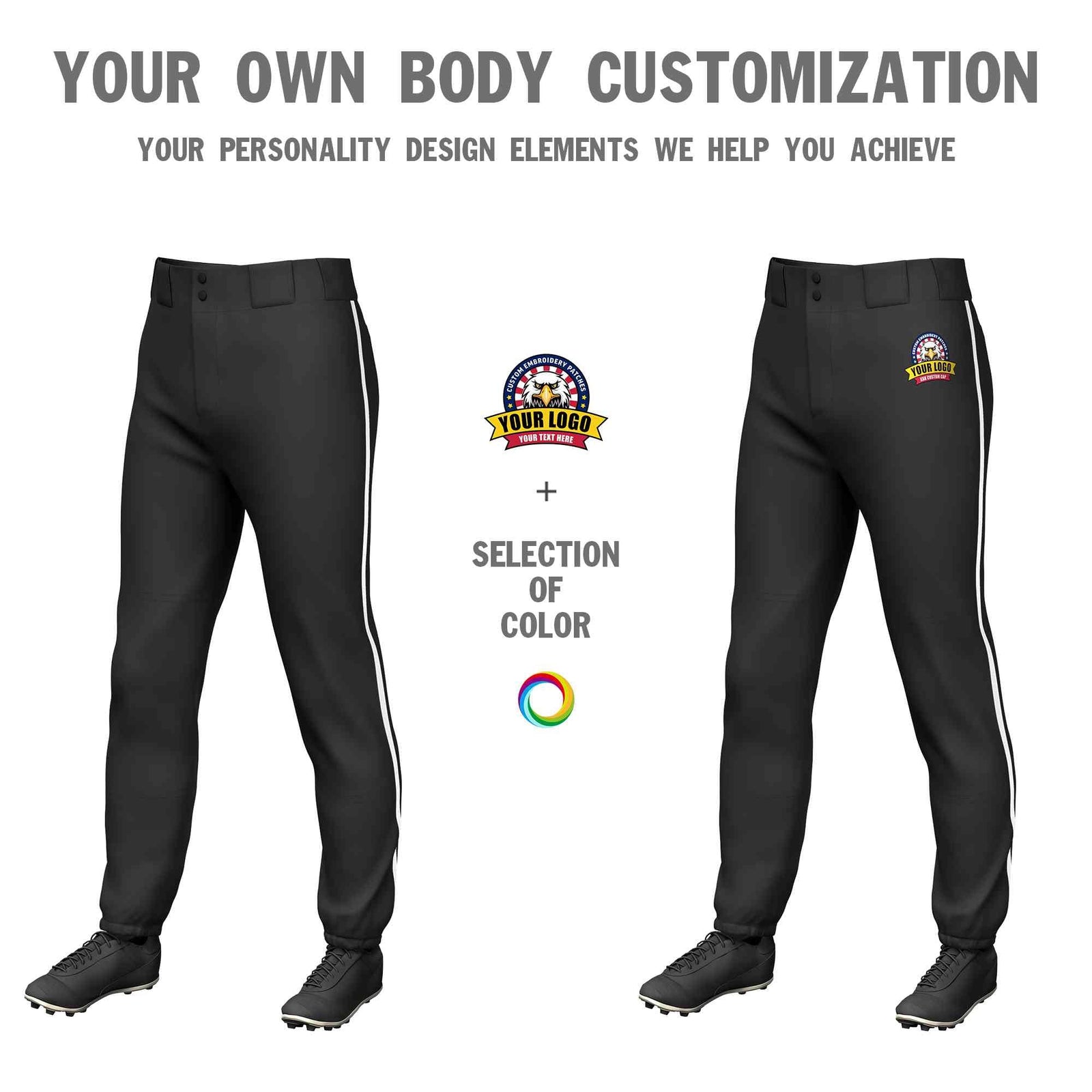 Custom Black White Classic Fit Stretch Practice Pull-up Baseball Pants