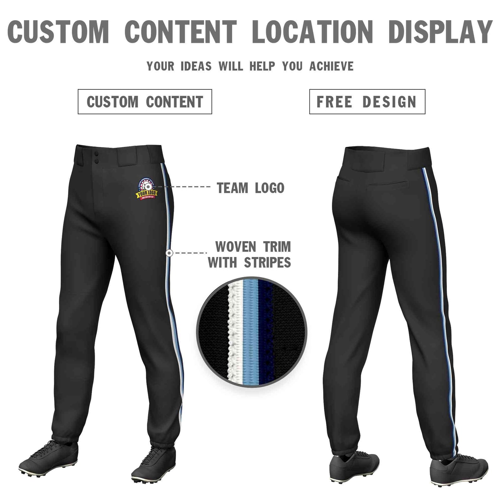 Custom Black White Light Blue-Navy Classic Fit Stretch Practice Pull-up Baseball Pants