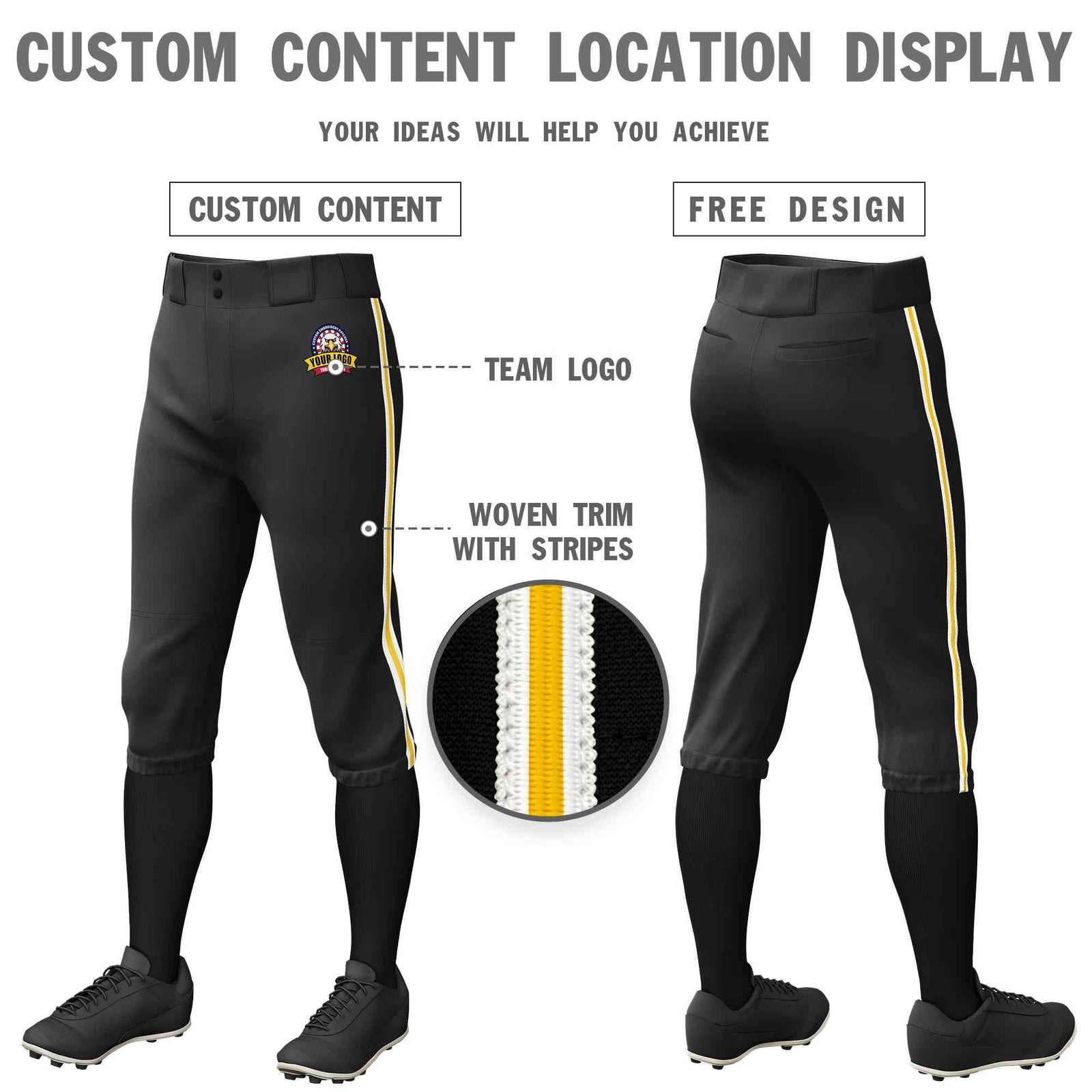 Custom Black White Gold-White Classic Fit Stretch Practice Knickers Baseball Pants