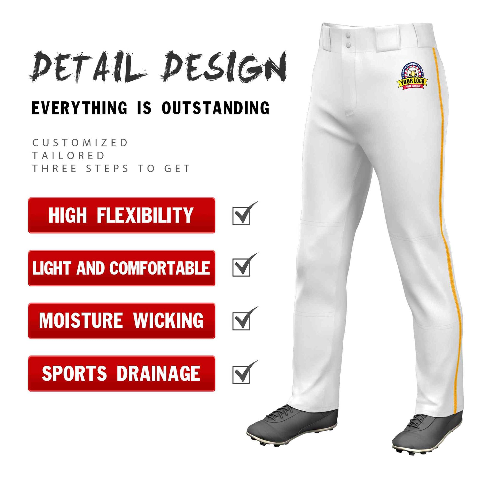 Custom White Yellow Classic Fit Stretch Practice Loose-fit Baseball Pants