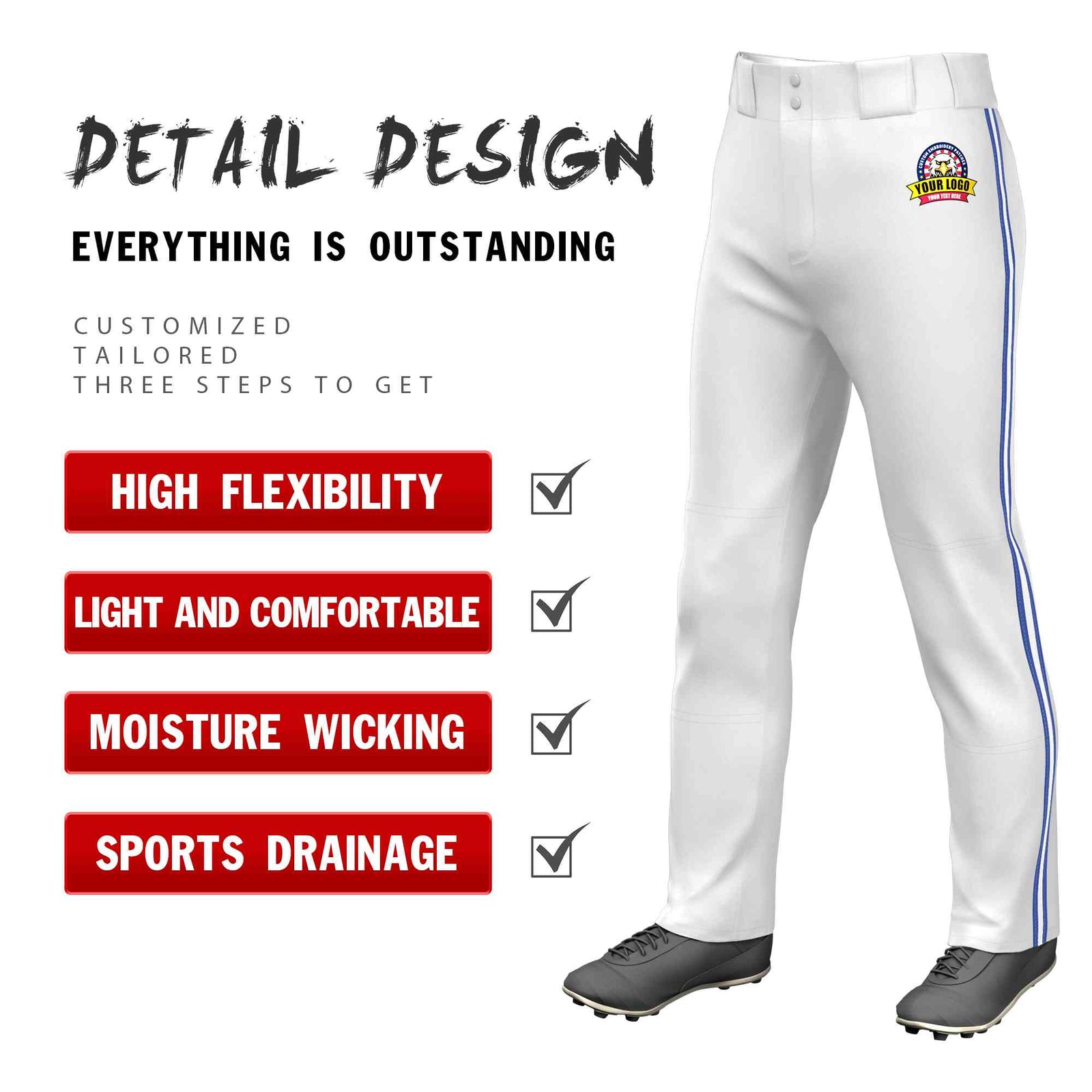 Custom White Royal White-Royal Classic Fit Stretch Practice Loose-fit Baseball Pants