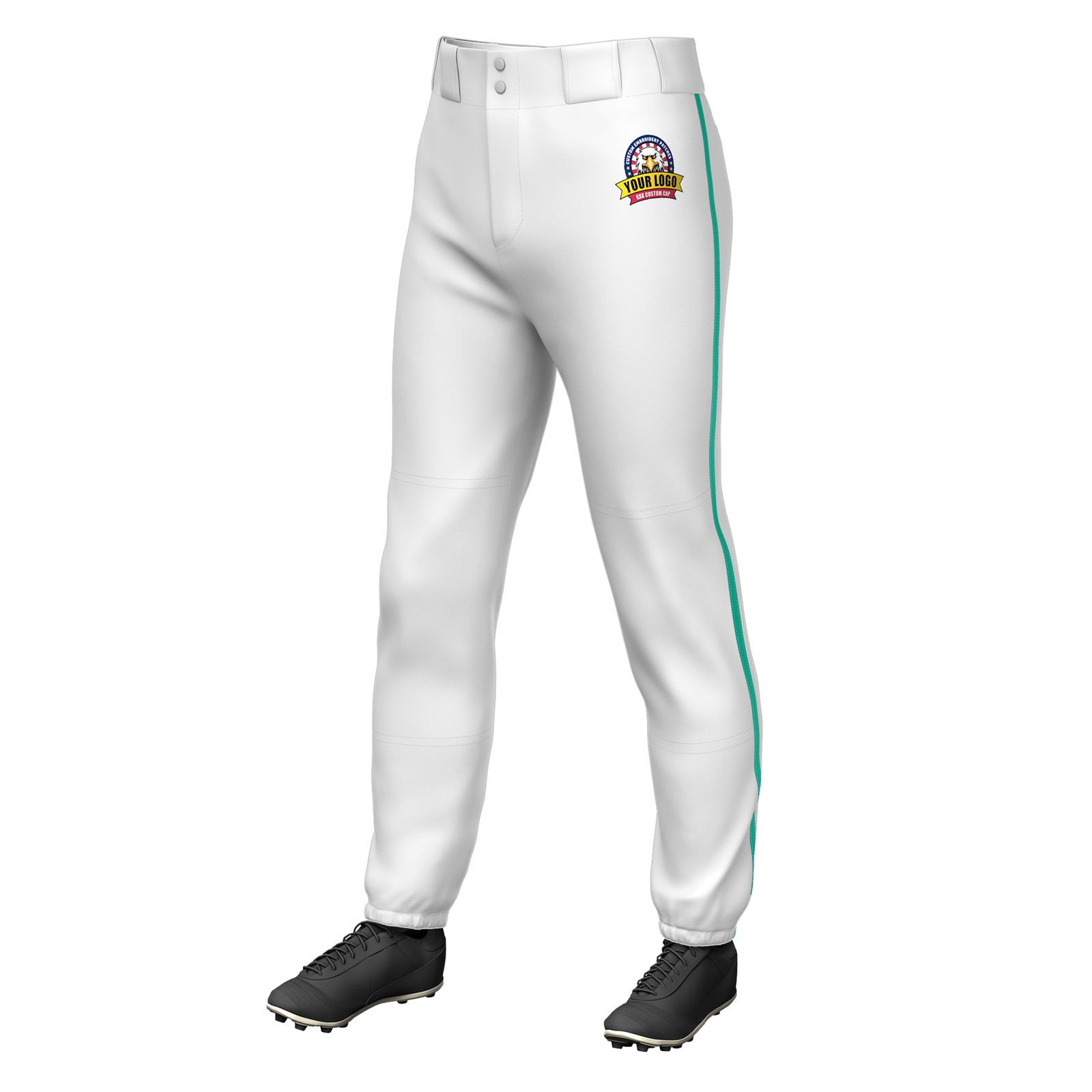 Custom White Teal Classic Fit Stretch Practice Pull-up Baseball Pants