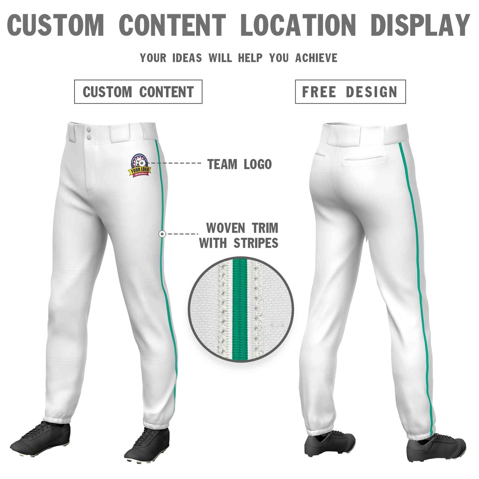 Custom White Teal Classic Fit Stretch Practice Pull-up Baseball Pants