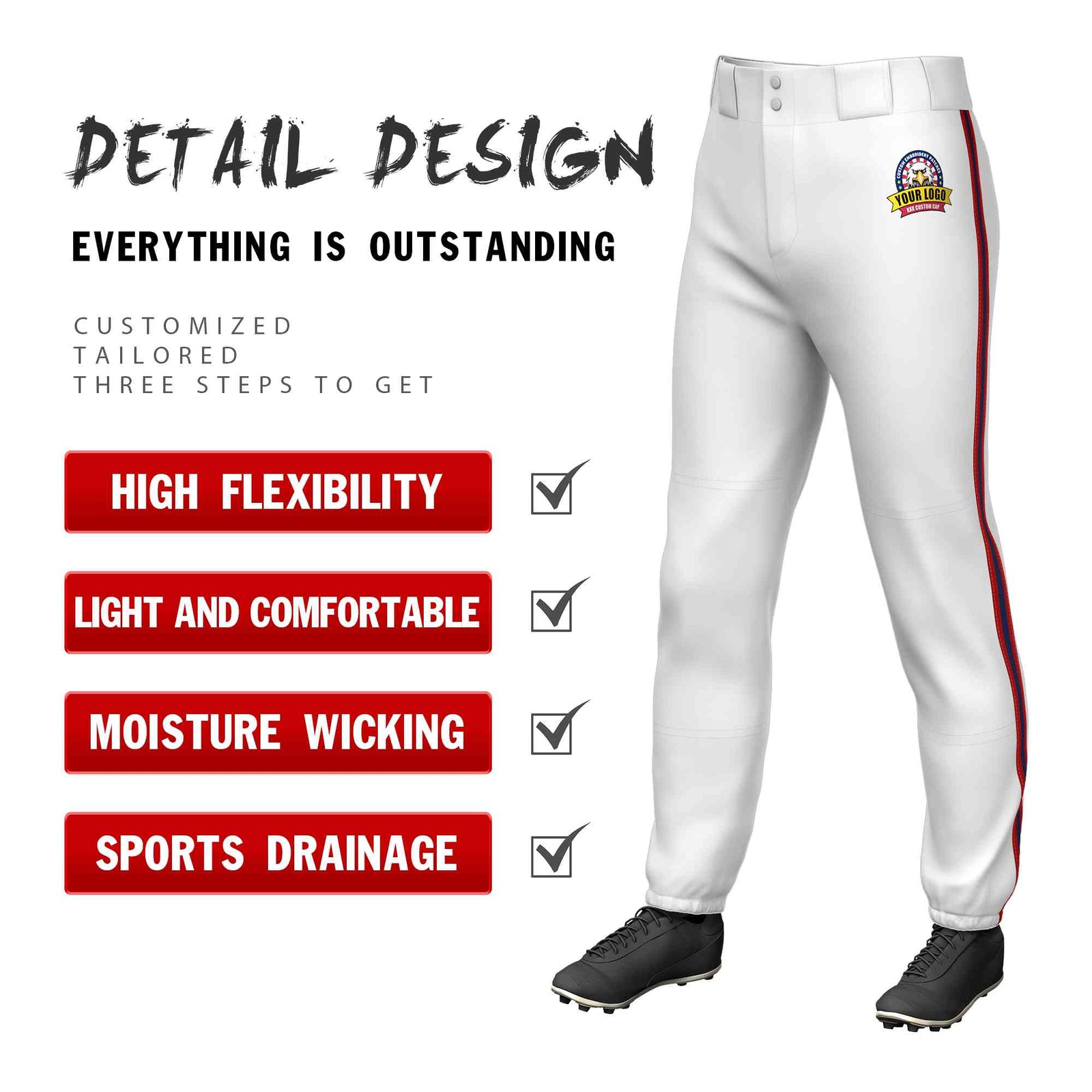 Custom White Red Navy-Red Classic Fit Stretch Practice Pull-up Baseball Pants
