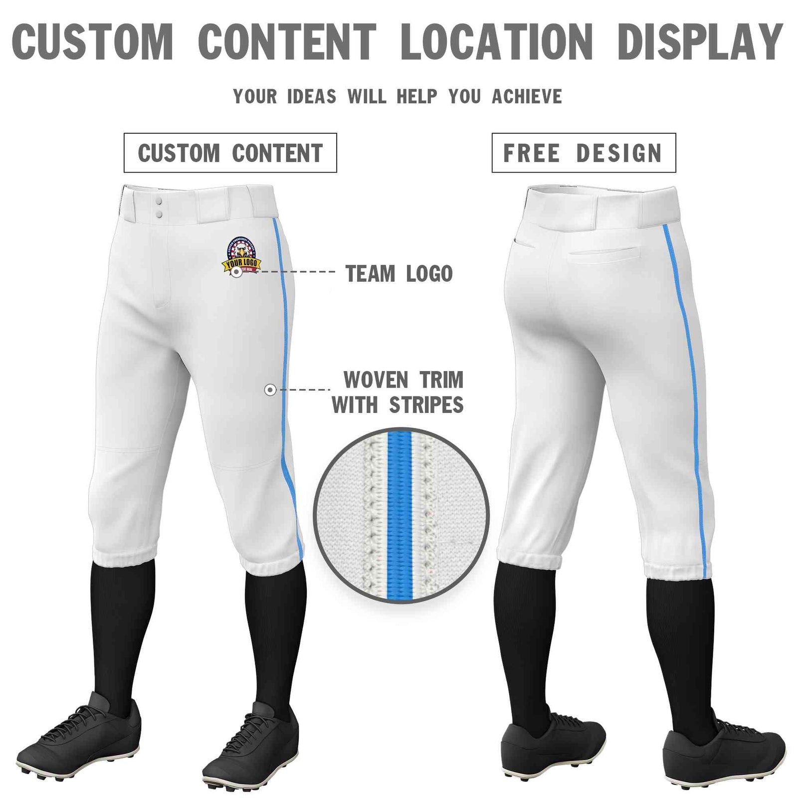 Custom White Powder Blue Classic Fit Stretch Practice Knickers Baseball Pants