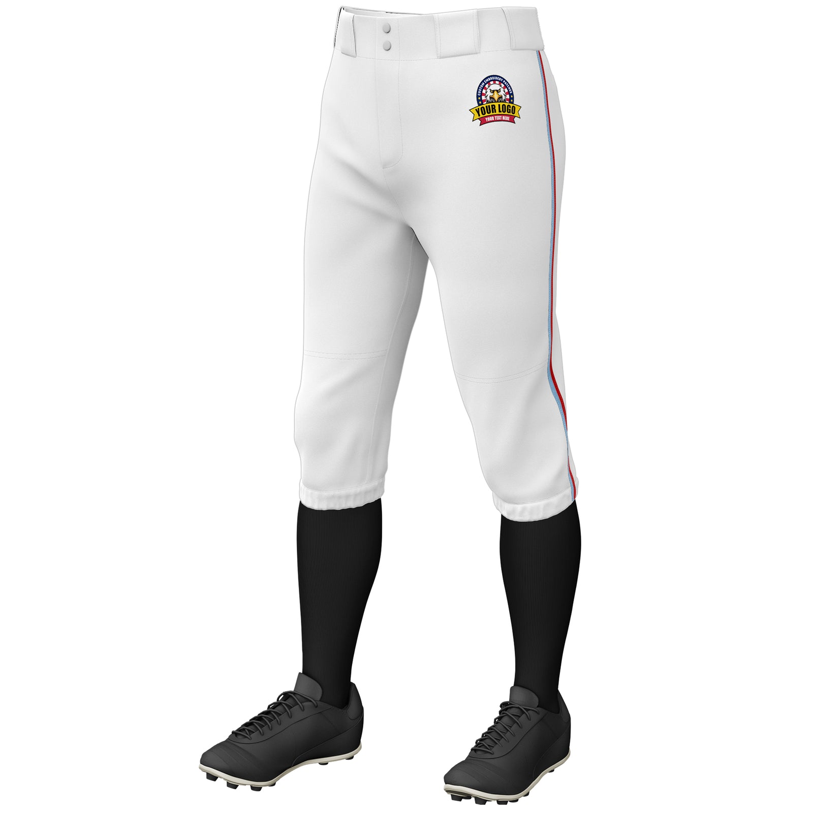 Custom White Light Blue-Red Classic Fit Stretch Practice Knickers Baseball Pants