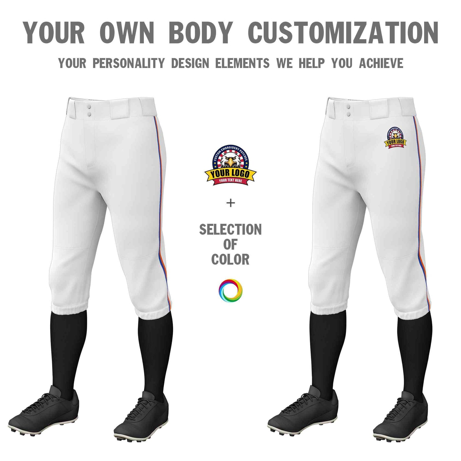 Custom White Royal-Orange Classic Fit Stretch Practice Knickers Baseball Pants