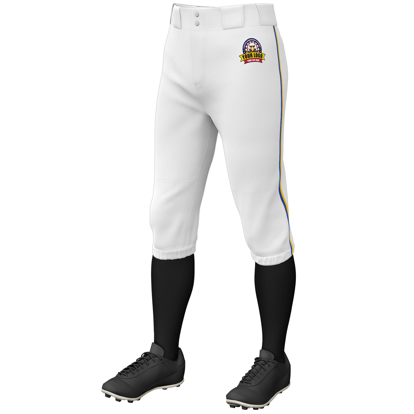 Custom White Royal-Gold Classic Fit Stretch Practice Knickers Baseball Pants