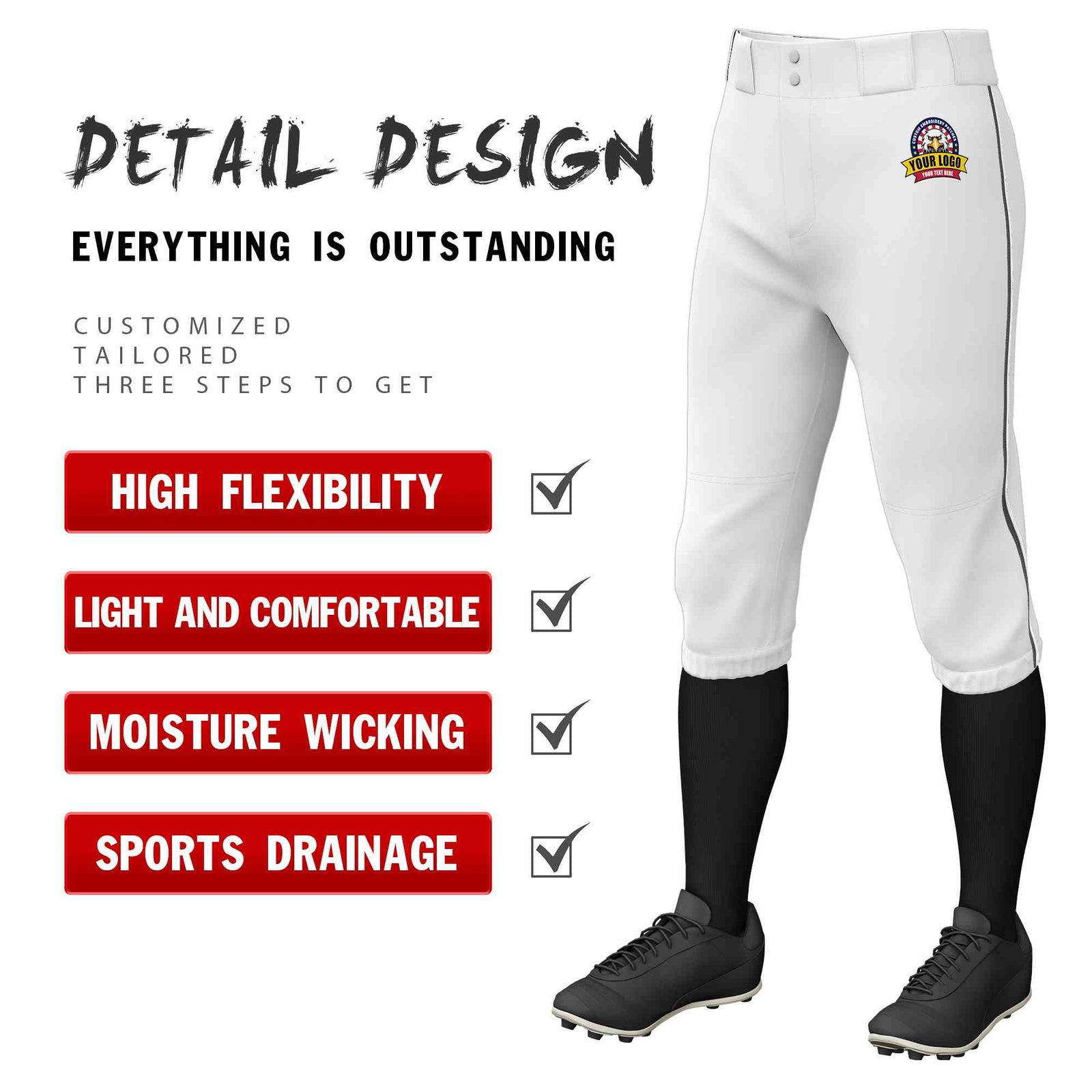 Custom White Dark Gray-White Classic Fit Stretch Practice Knickers Baseball Pants