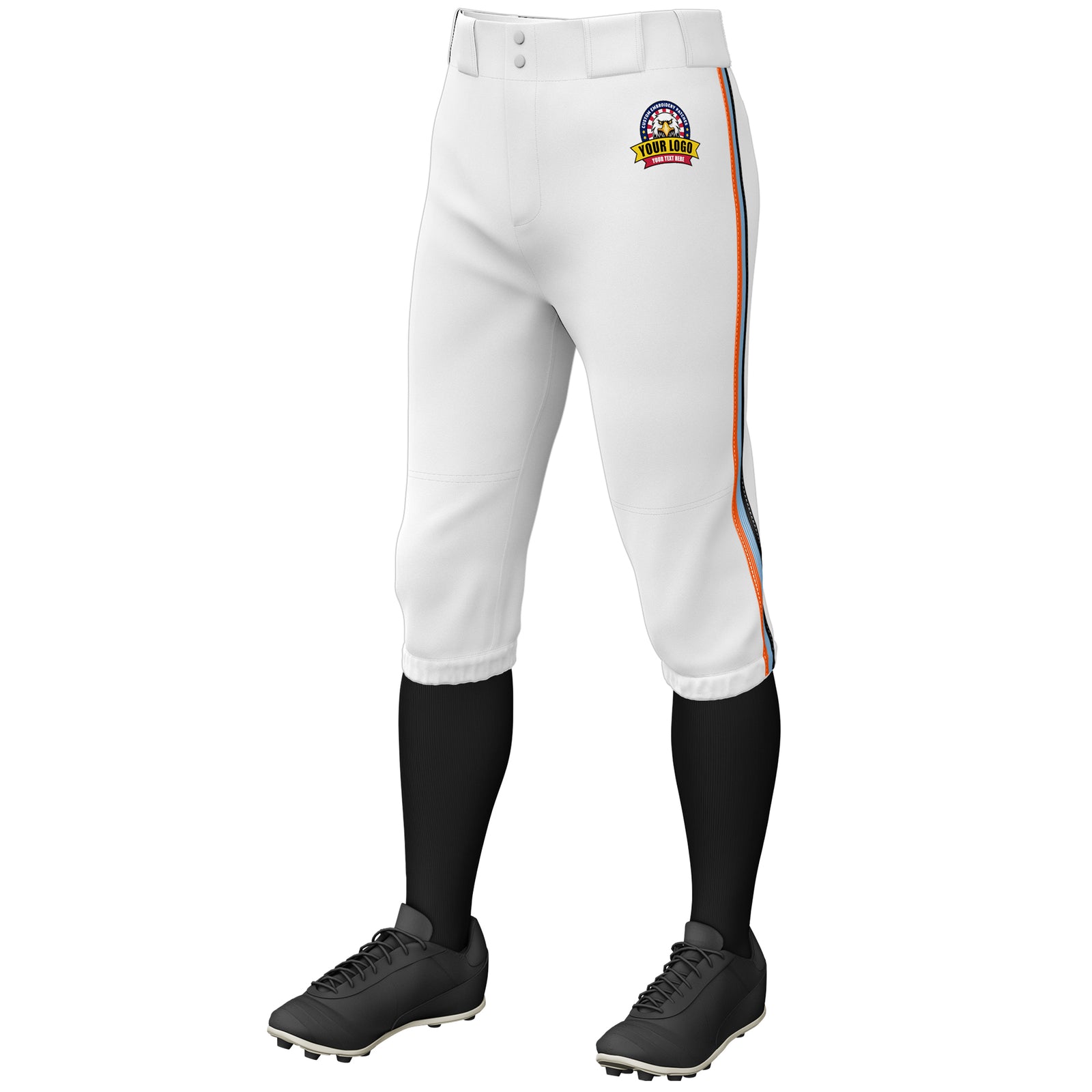Custom White Orange Light Blue-Black Classic Fit Stretch Practice Knickers Baseball Pants
