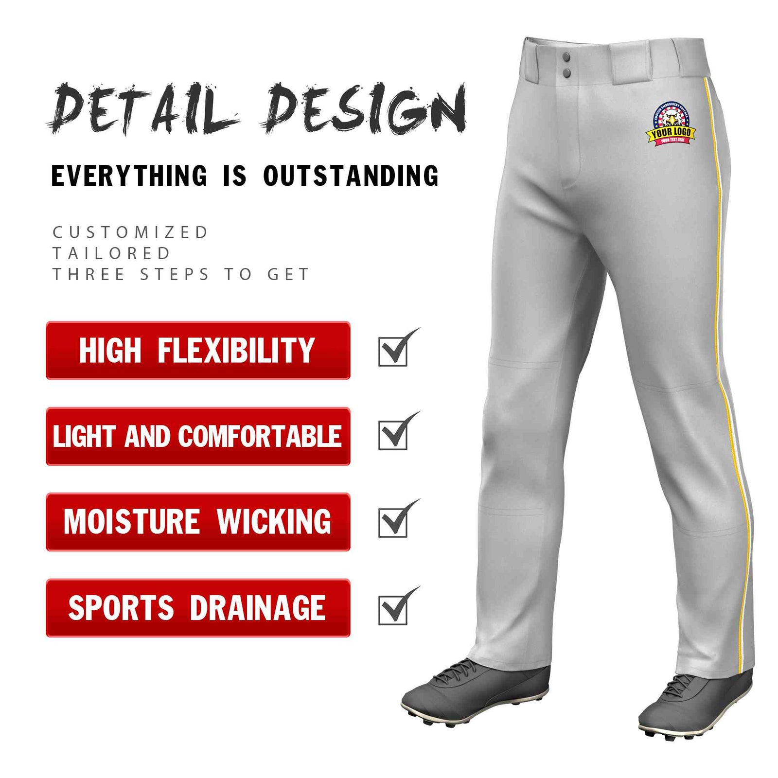Custom Gray Gold-White Classic Fit Stretch Practice Loose-fit Baseball Pants