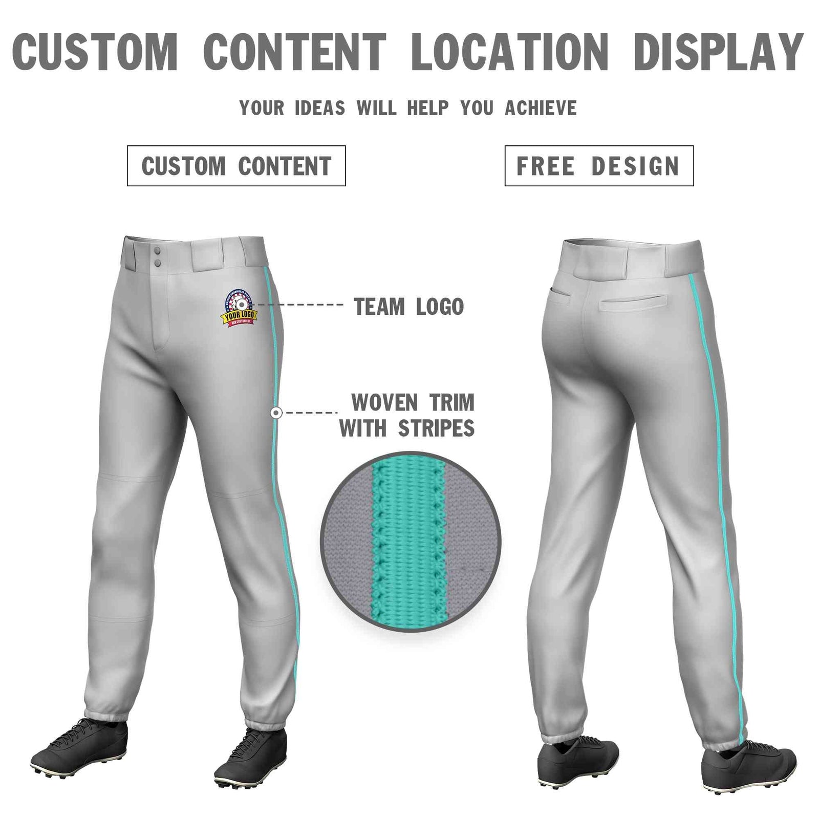 Custom Gray Aqua Classic Fit Stretch Practice Pull-up Baseball Pants