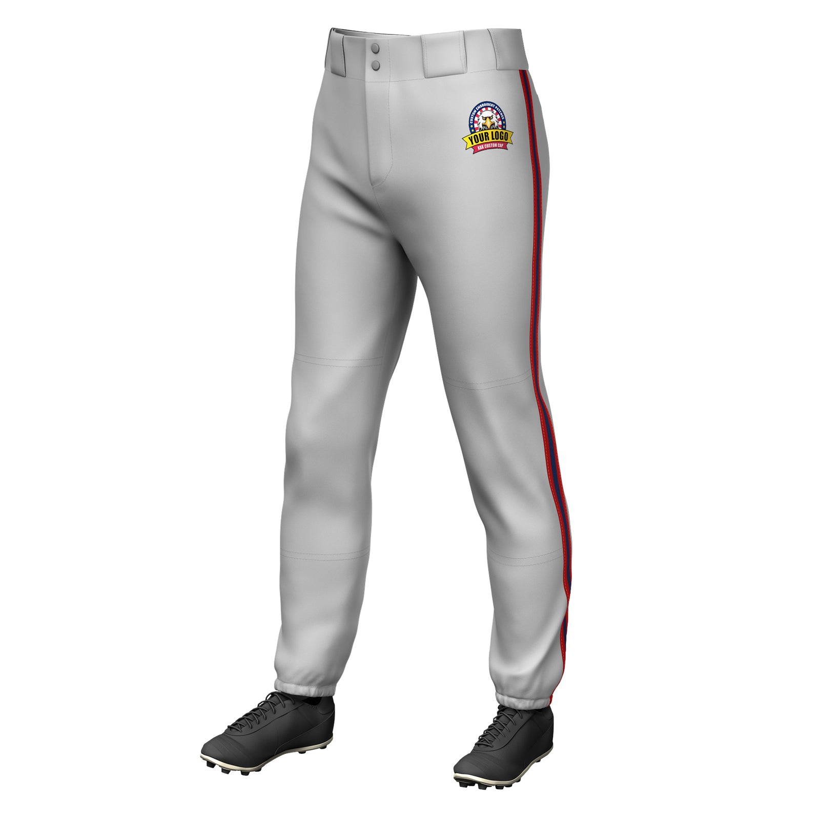 Custom Gray Red Navy-Red Classic Fit Stretch Practice Pull-up Baseball Pants