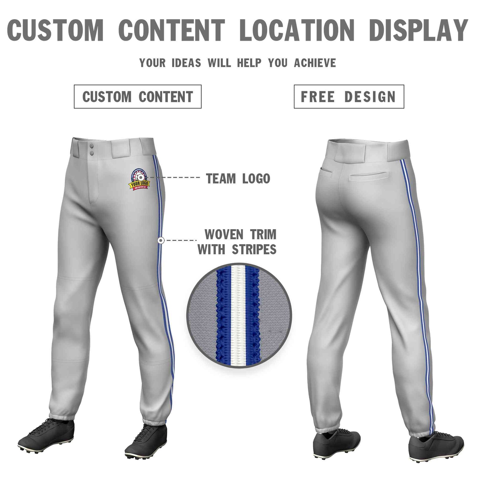 Custom Gray Royal White-Royal Classic Fit Stretch Practice Pull-up Baseball Pants